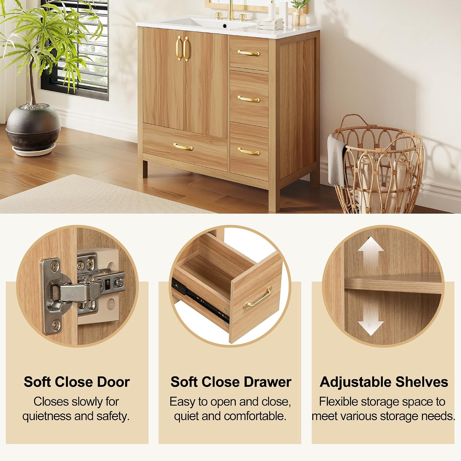 Harper & Bright Designs 36' Bathroom Vanity with Sink, Free Standing Single Basin Vanity with 2 Doors & 4 Soft-Closing Drawers, Solid Wood Storage Cabinet with Ceramic Basin for Bathroom, Acacia Wood