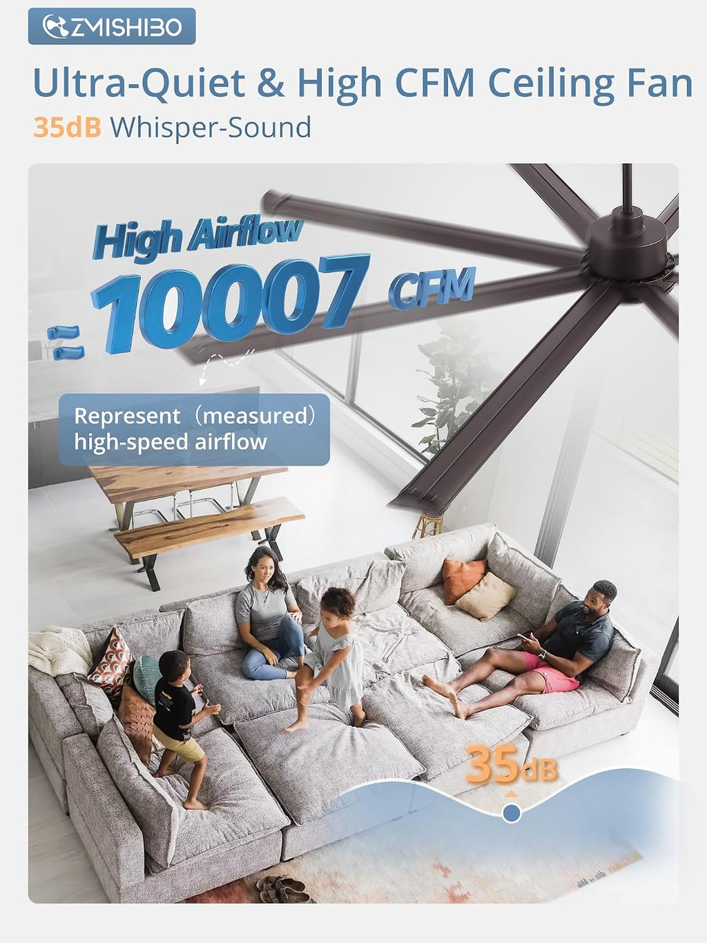 ZMISHIBO 72 Inch Large Ceiling Fan No Light, 8 Aluminum Blades, 6-Speed Remote Control, Industrial Ceiling Fan without Light, Quiet DC Motor, Indoor/Outdoor Ceiling Fans for Patio, Garage, Shop