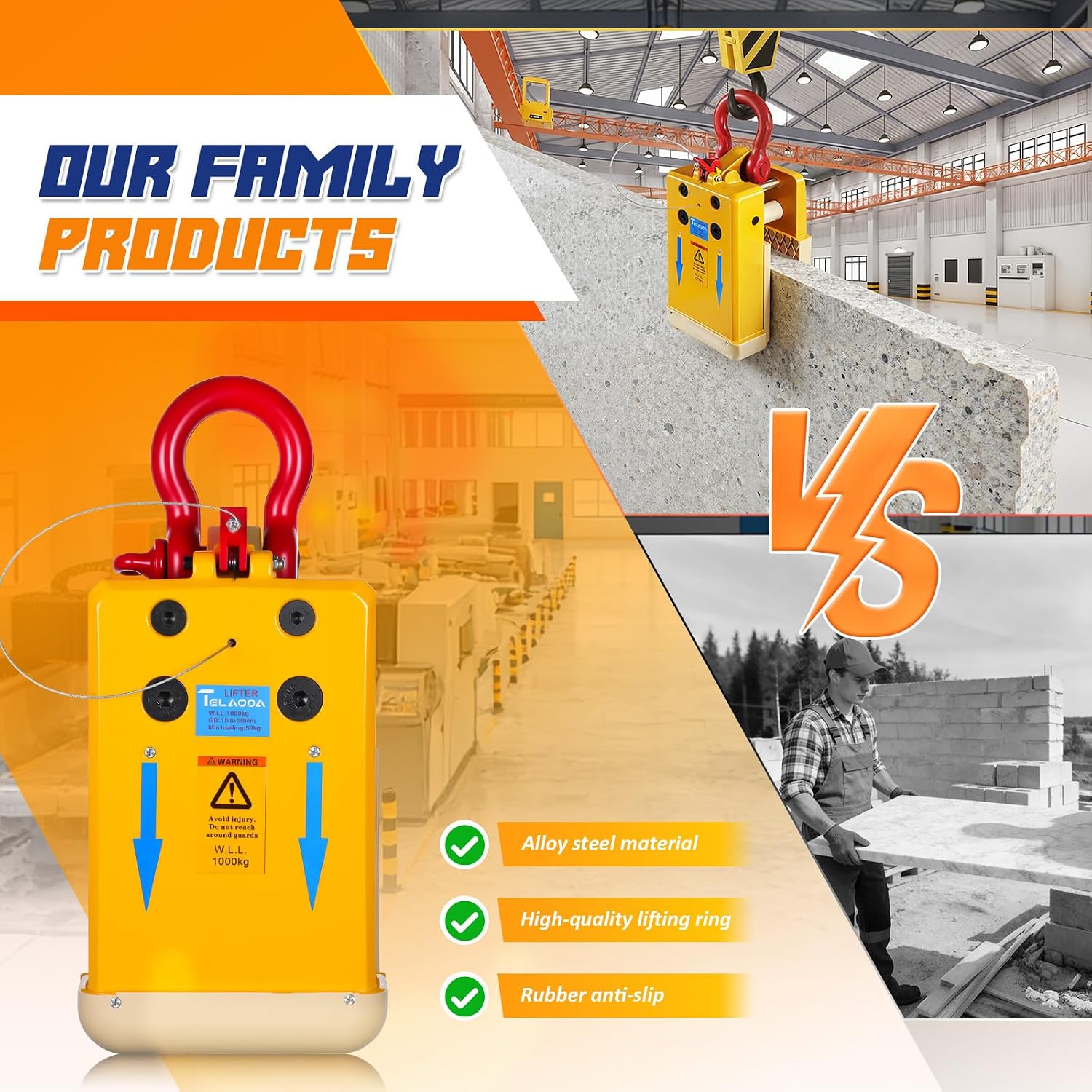 2200LBS Stone Miter Clamp, Heavy Duty Stone Lifting Clamps (0.39-1.97'') in Opening Range, Stone Slab Clamp with Soft Rubber Jaws, Granite Marble Lifting Tool Slab Lifter, 15-50mm