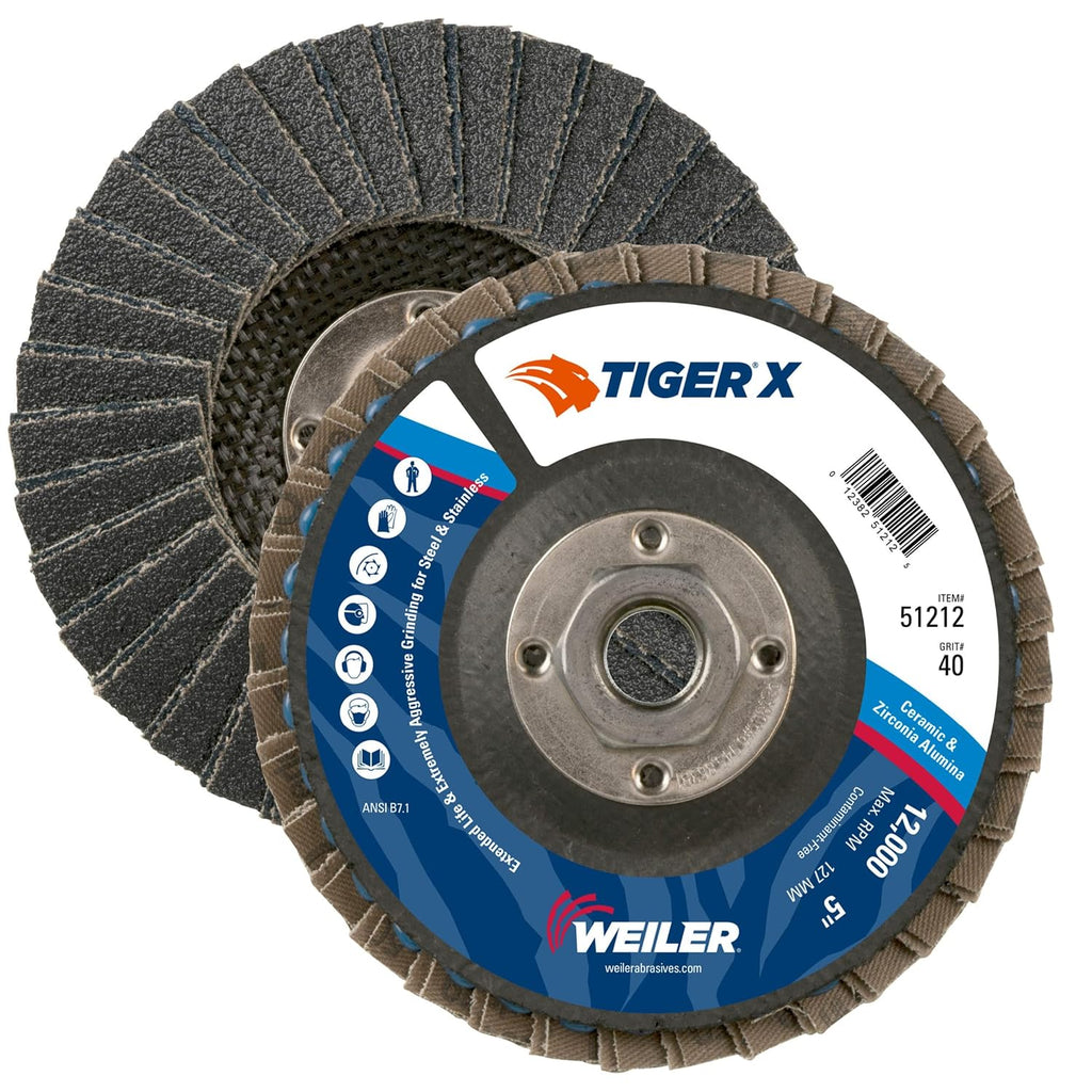 Weiler 51212 Tiger X Flap Disc, Ceramic and Zirconia Alumina, Angled, Phenolic Backing, 40 Grit, 5', 5/8'-11 UNC Nut (Pack of 10)
