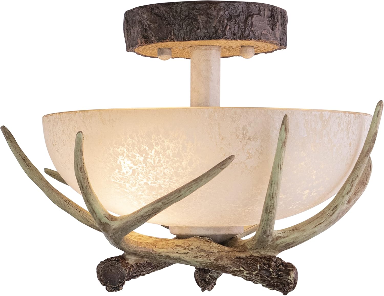 VAXCEL Lodge 12-in W Cream Rustic Antler Bowl Semi Flush Mount Ceiling Light Cream Glass
