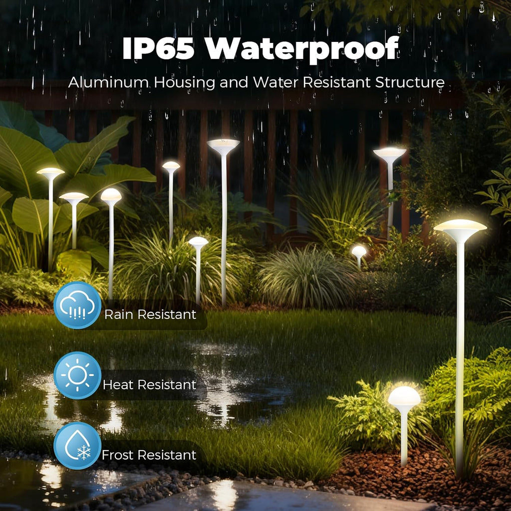 Gardencoin LED Low Voltage Outdoor Lighting Kit, 24V Outdoor Landscape Decorative Lights, Unique Aluminum Mushroom Light Wired with Transformer for Garden, Patio, Lawn, Backyard, Pathway, Set of 8