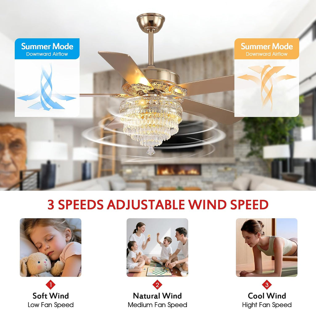 GJeg Crystal Ceiling Fan Fandelier with Lights - Retro Outdoor Fans with Remote Control, Farmhouse Ceiling Fan with Noiseless AC Reversible Motor,Dining Room,Living Room(52' Gold)