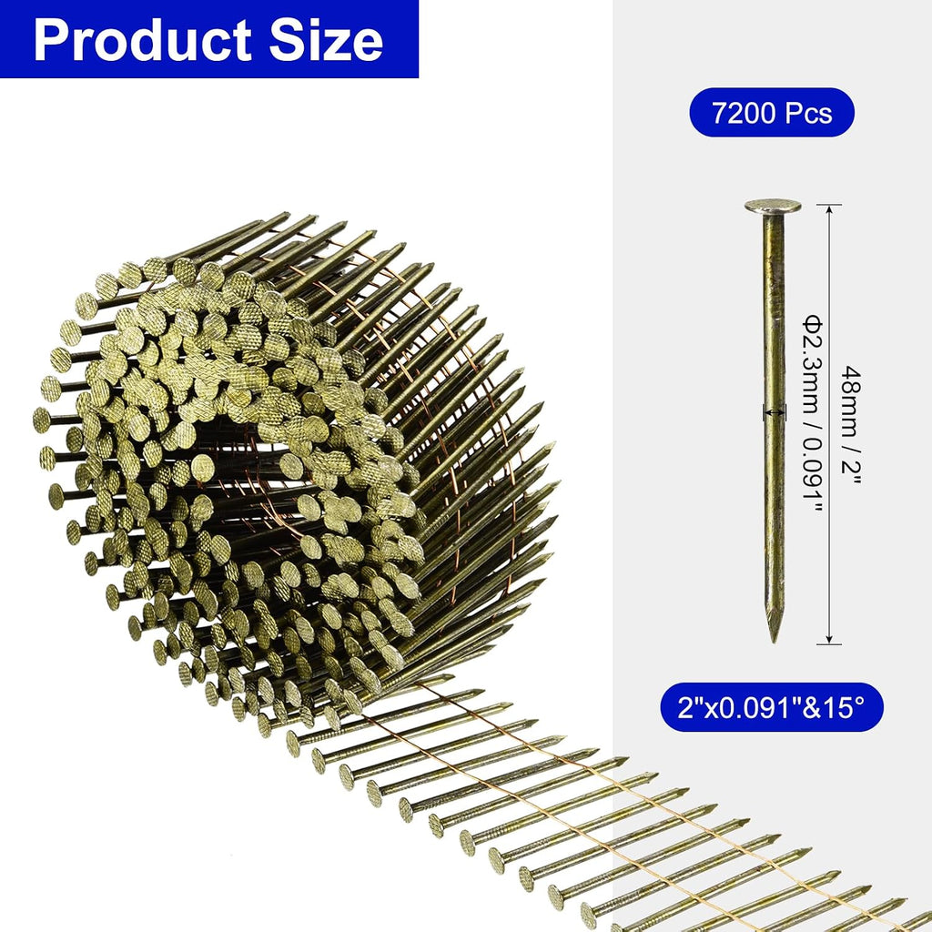 uxcell 7200 Count Siding Nails 2' x 0.091' 15-Degree Ring Shank Full Round Head Collated Wire Coil for Lath and Sheathing Materials