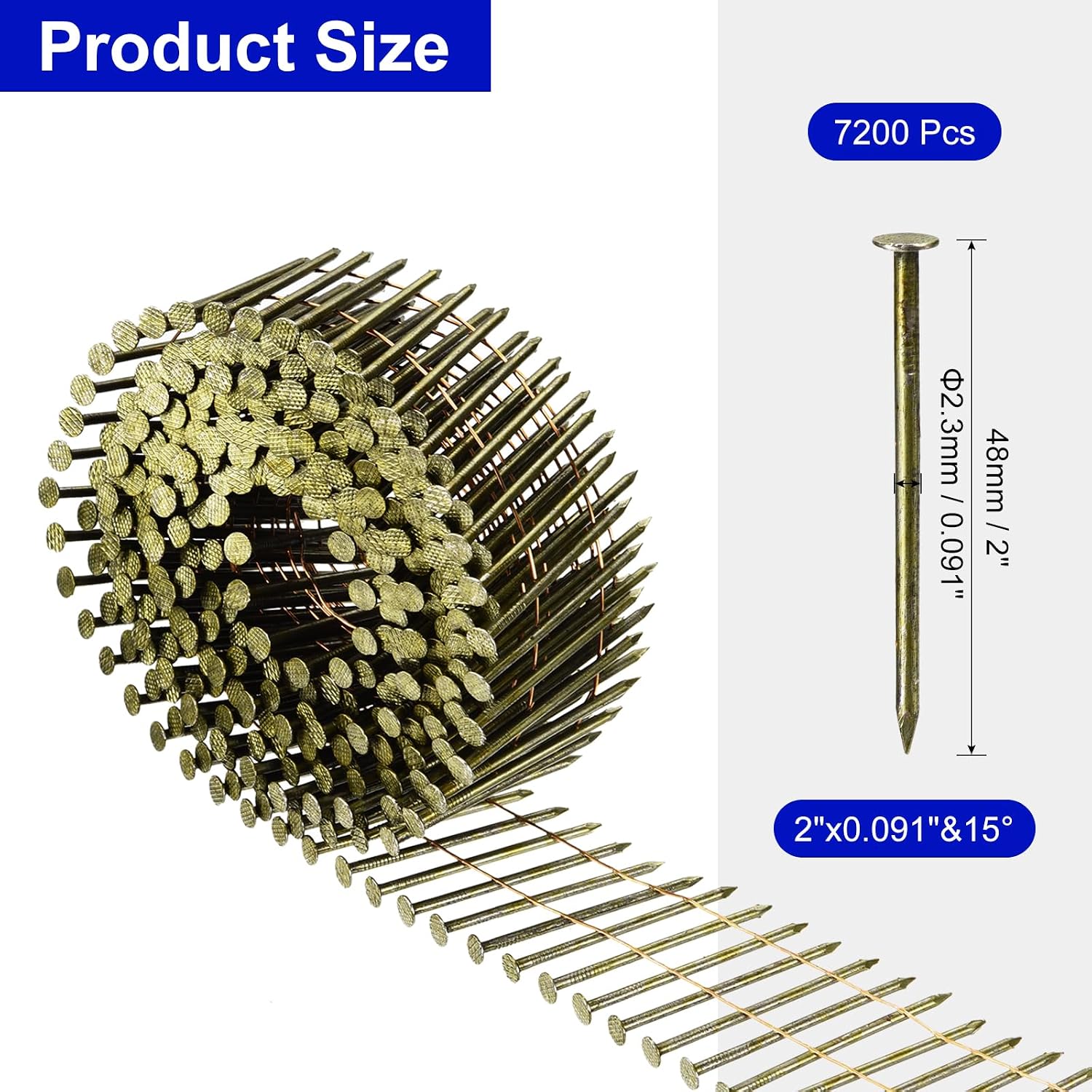 uxcell 7200 Count Siding Nails 2' x 0.091' 15-Degree Ring Shank Full Round Head Collated Wire Coil for Lath and Sheathing Materials