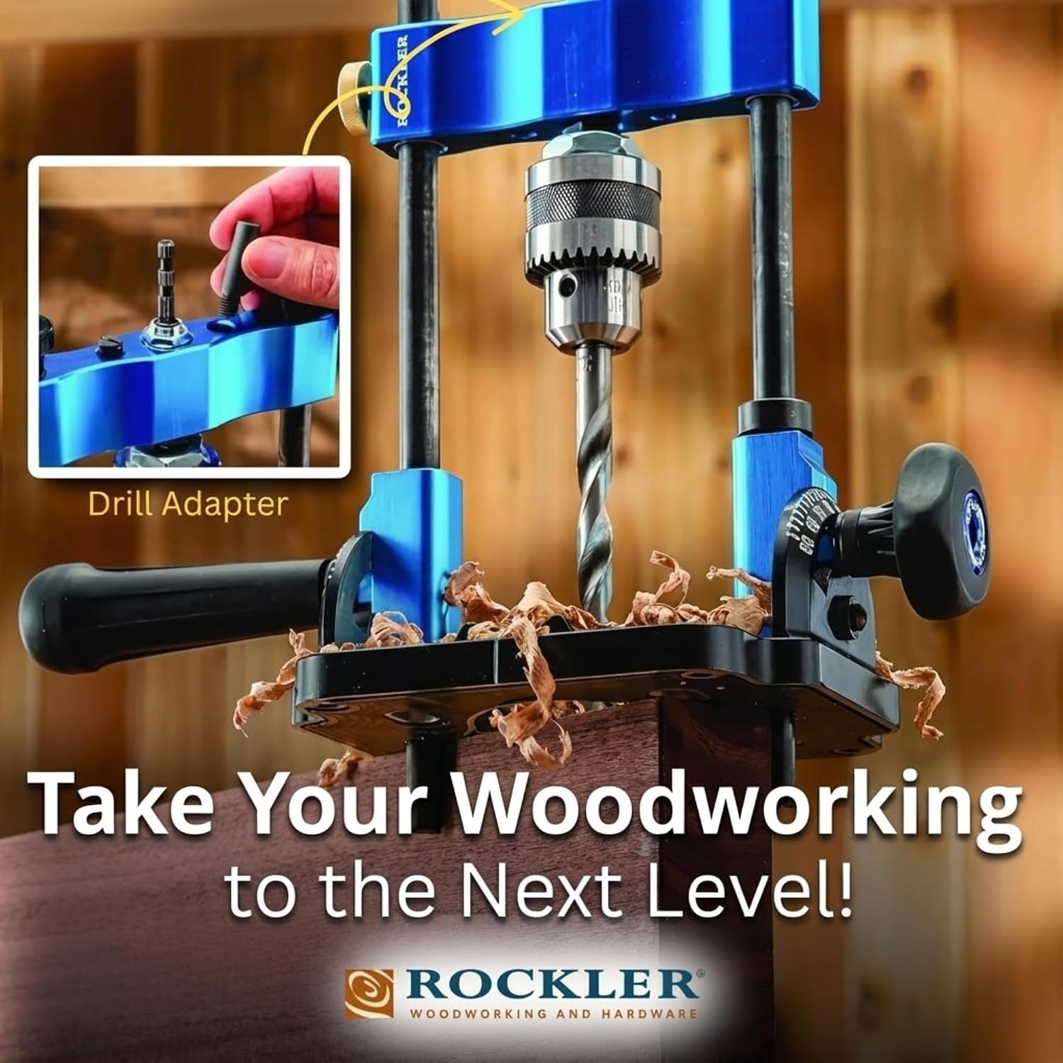 Rockler Drill Guide | Portable Drill Press Adapter for Hand Drill - 0 to 60 Angle w/Protractor & Chuck Key for Straight Holes - Rockler Woodworking