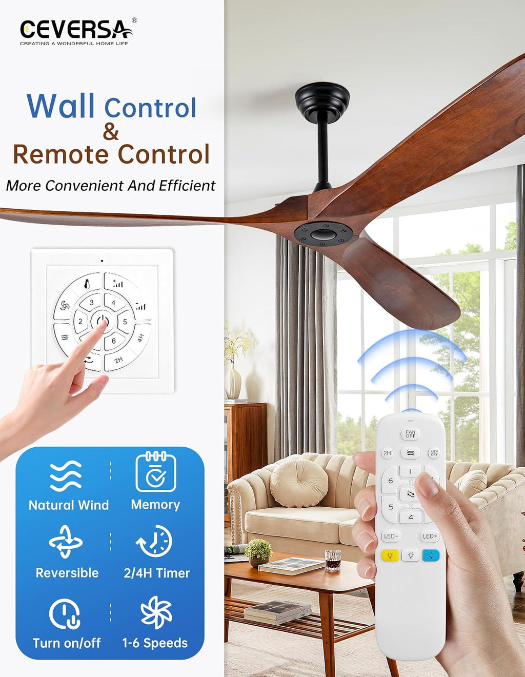 72 Inch Outdoor Ceiling Fan no Light,Solid Wood Ceiling Fans Without Lights with Remote Control/Wall Control,Large 3 Blades Walnut Propeller for Patio,Porch,Living Room,Bedroom,Farmhouse