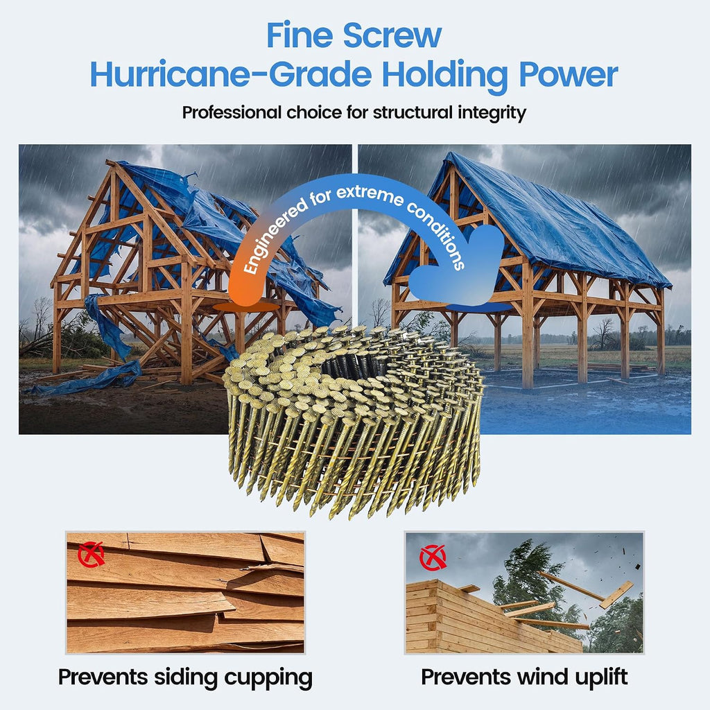 meite Siding Nails 15 Degree Coil Nails 2 Inch × .099 Inch Screw Shank Wire Collated Nails 9,000PCS, Full Round Head Bright Coated Siding Nails for Coil Nailer Sheathing Decking Fencing