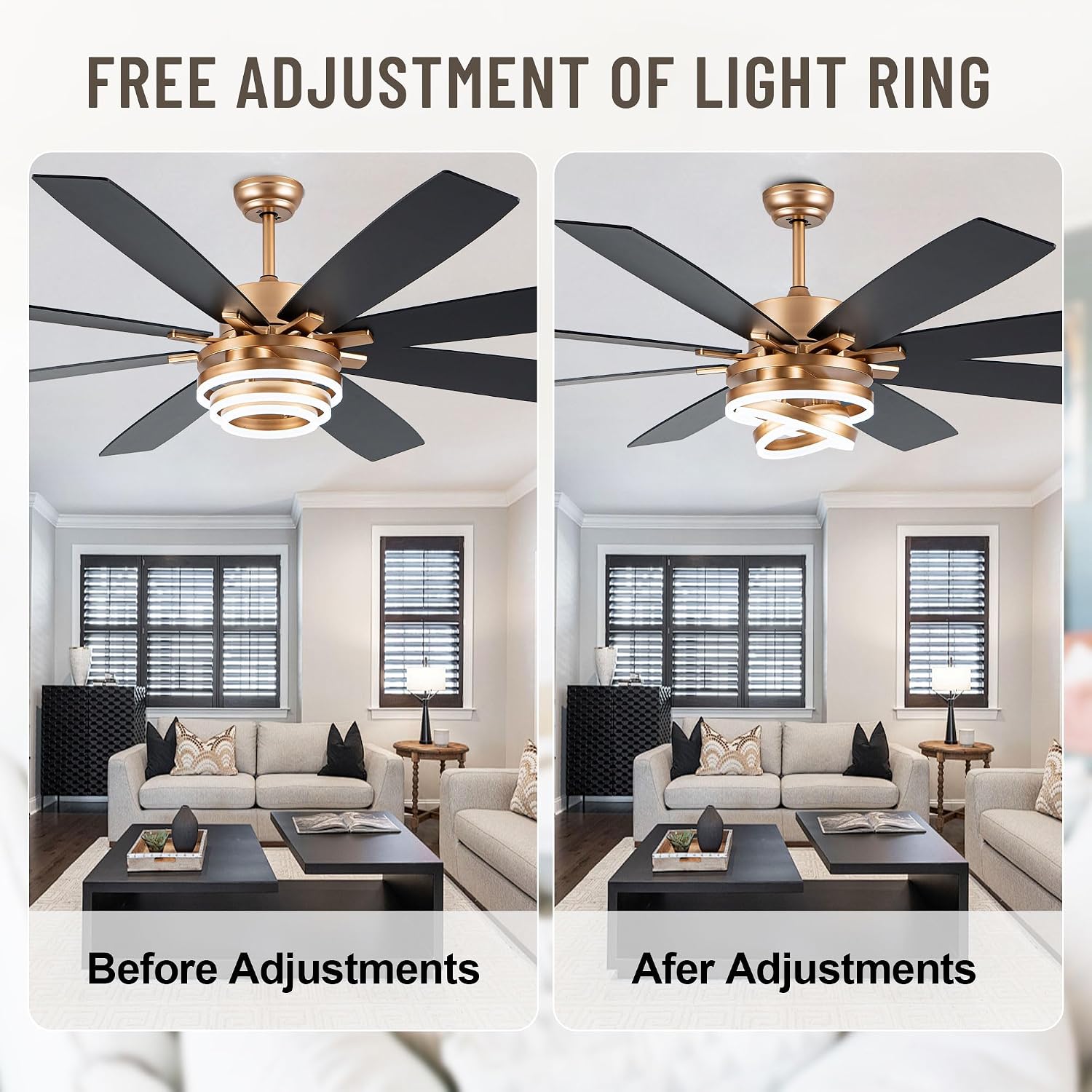 Farmhouse Ceiling Fans with Lights,Chandelier Fan with DIY Rings LED,Fandelier Ceiling Fans with Lights for Living Room/Bedroom (Gold-MD-DC7205-G, 72 Inch)