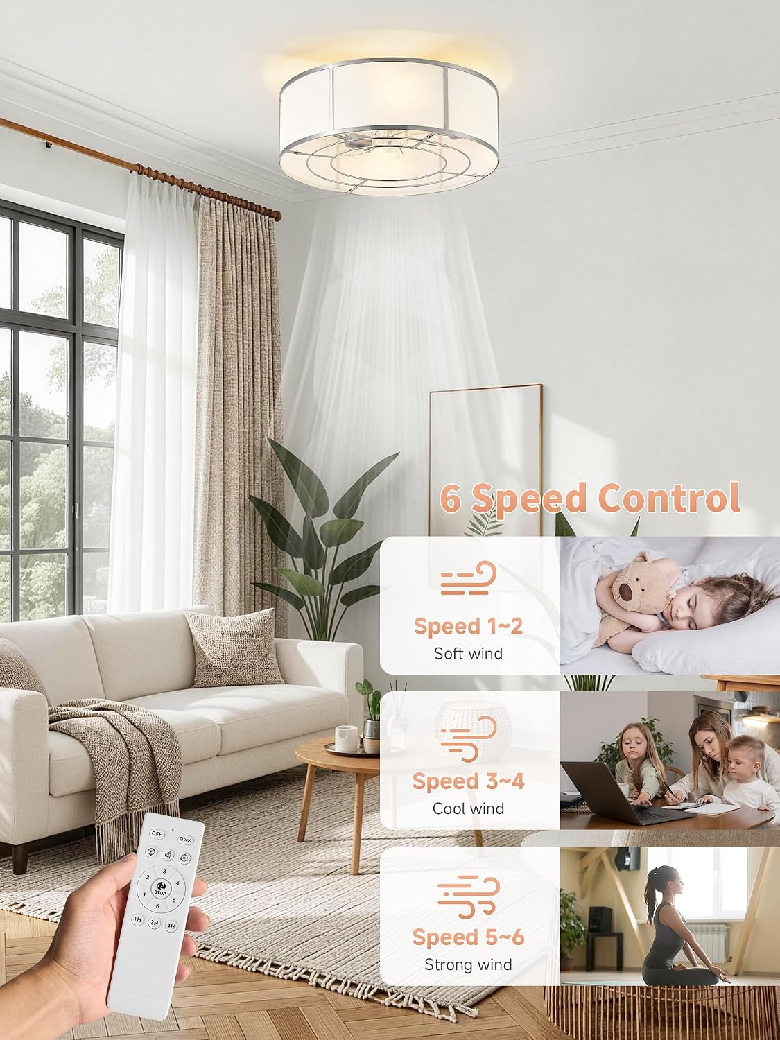 Low Profile Ceiling Fans with Lights, 20' Flush Mount Ceiling Fan with Light, Silver and White Boho Bladeless with 6 Speeds Remote Control for Bedroom, Nursery, Living Room