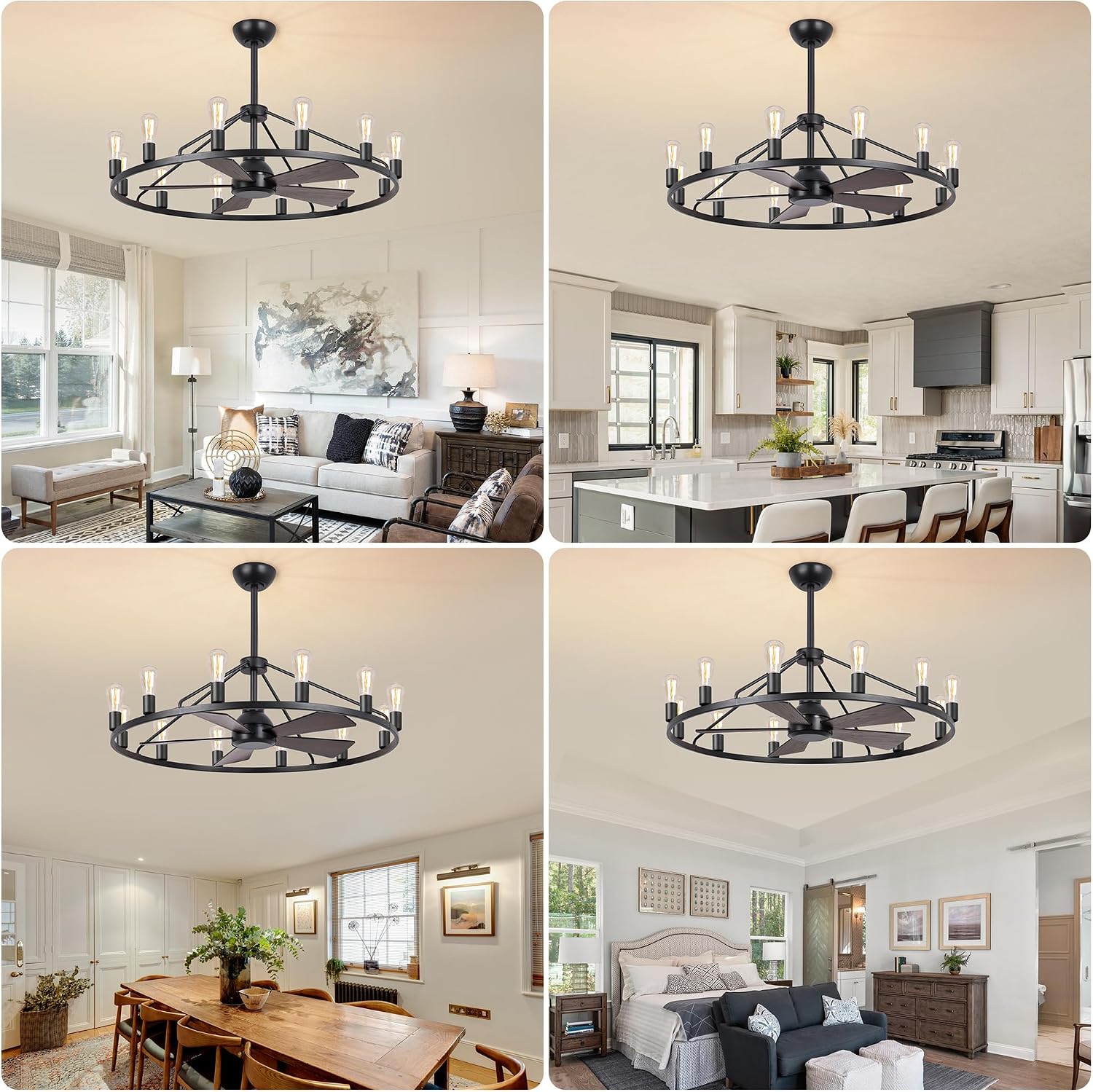 44' Wagon Wheel Chandelier with Fans, Black Farmhouse Ceiling Fan with Light and Remote, Rustic Large Fandelier for Living Room, Adjustable Height, Farmhouse Chandelier Light Fixtures