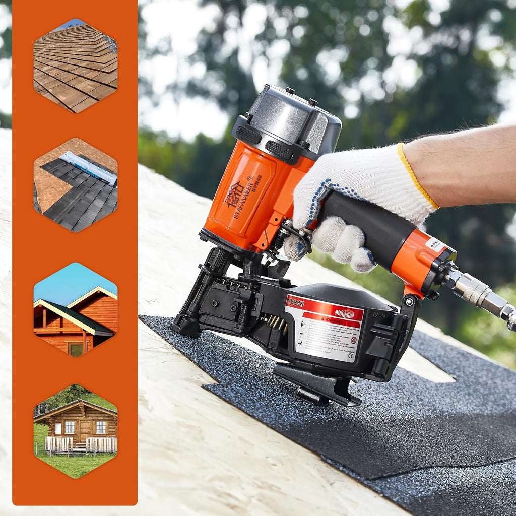 NVH45 Roofing Nail Gun, 15 Degree Pneumatic Pistola De Roofing, 7/8' to 1-3/4' Nails Compatibility, 3/8 NPT Air Connector, 120-Pcs Load Capacity for Roofing Constructions (Org-Blk Ver)
