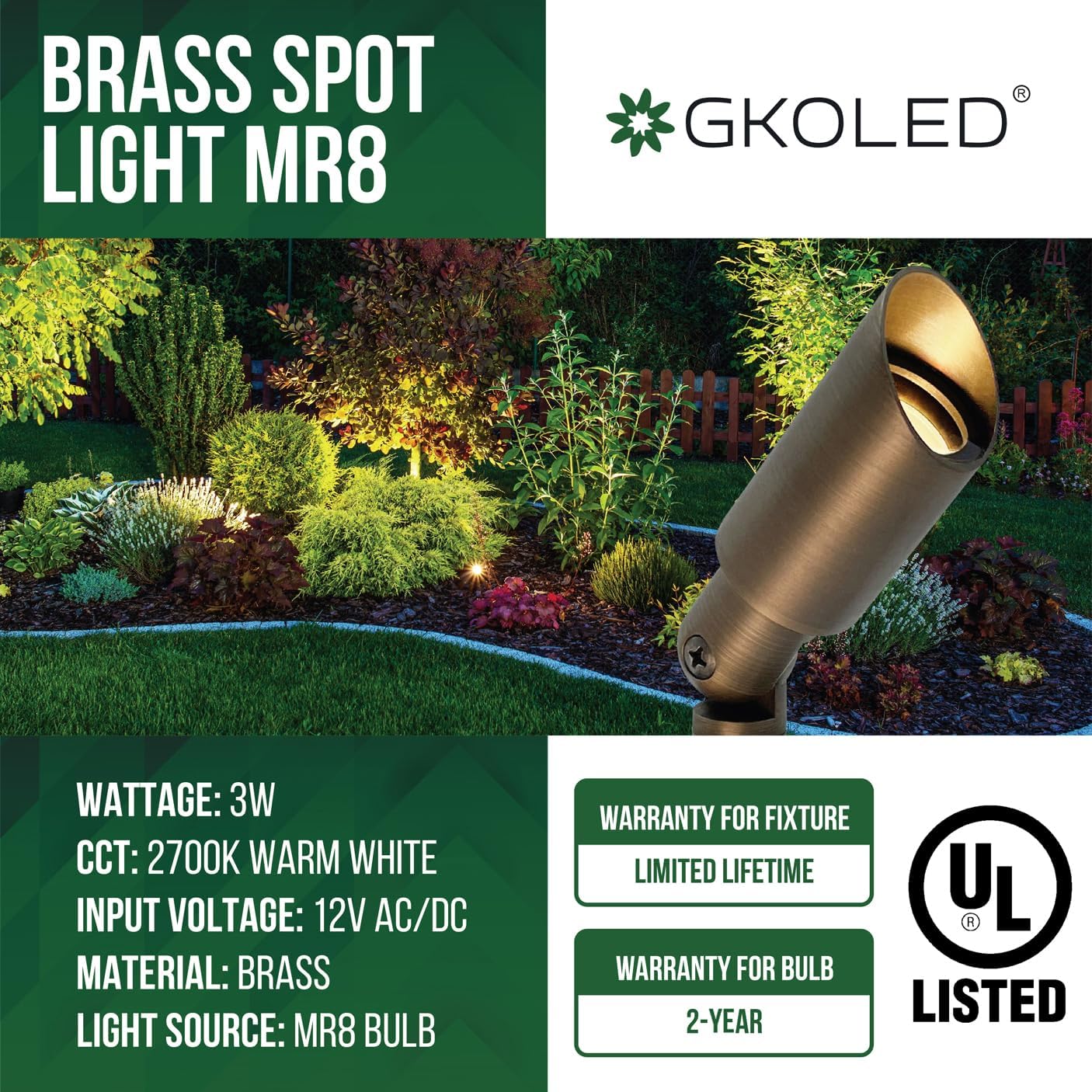 GKOLED Mini Size Brass Landscape Spotlight, Low Voltage 12V AC/DC Outdoor Directional Up Light, 180 LM, 3W MR8 LED Bulb ABS Ground Stake, 2700K Warm White, Garden Patio Trees Spot Uplight (Pack of 4)