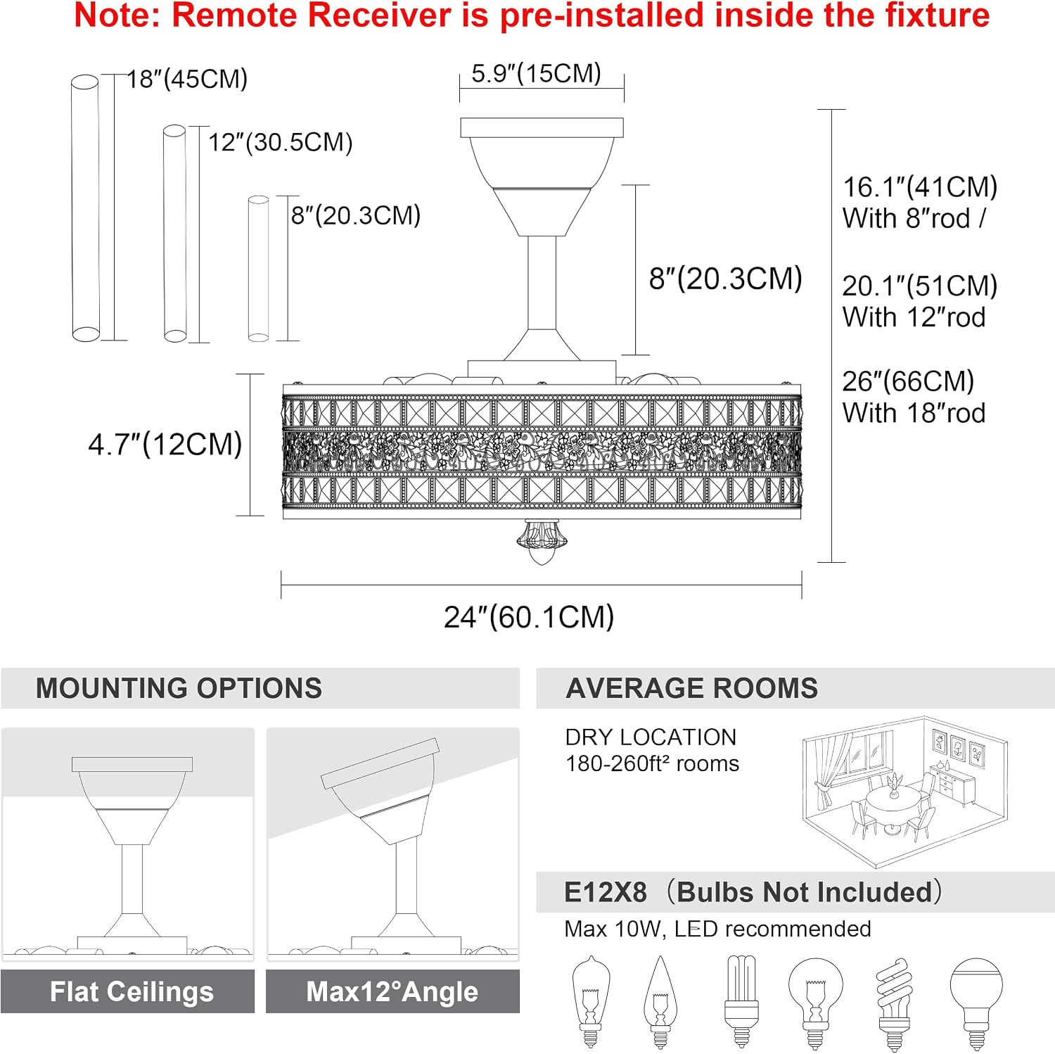 24 Inch Fandelier Ceiling Fan with Light and Remote, Luxury Crystal French Rococo Chandelier Fan, Bladeless Enclosed Caged Pendant Light Fixture for Living Room, Bedroom, Dining Room, Kitchen Island