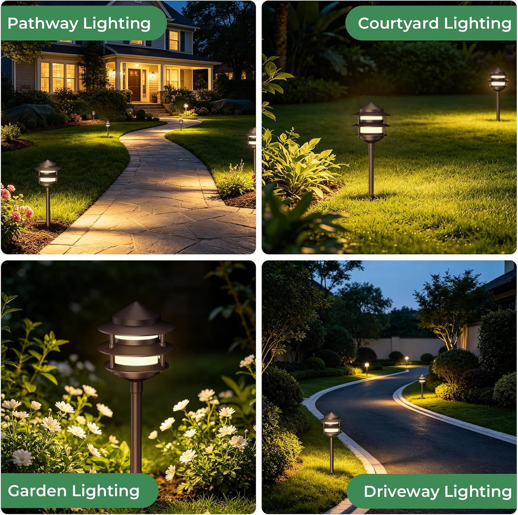 Gardencoin Pagoda Low Voltage Landscape Pathway Lights, 12V Outdoor LED Path Lights Wired, Aluminum Walkway Lighting with 4W 2700K Replaceable G4 Bulb, Bronze Classic 3-Tier Lantern, 6 Pack
