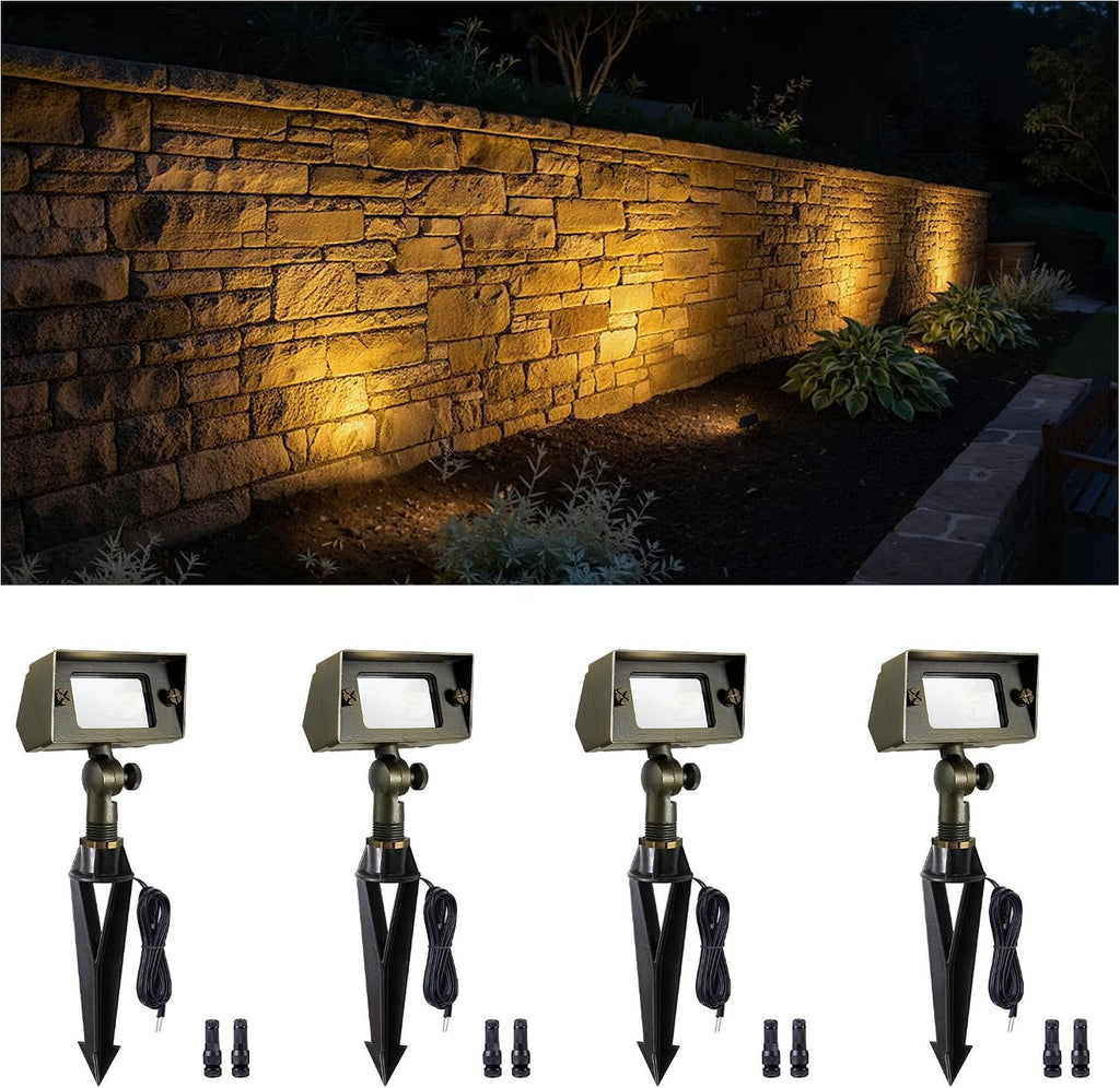 Gardenreet Outdoor Low Voltage Flood Light - Solid Brass Landscape 12V Wall Wash LED Light, Hardwired IP65 Waterproof, Antique Bronze Lighting for Yard Wall Tree House Without G4 Bulb 4 Pack