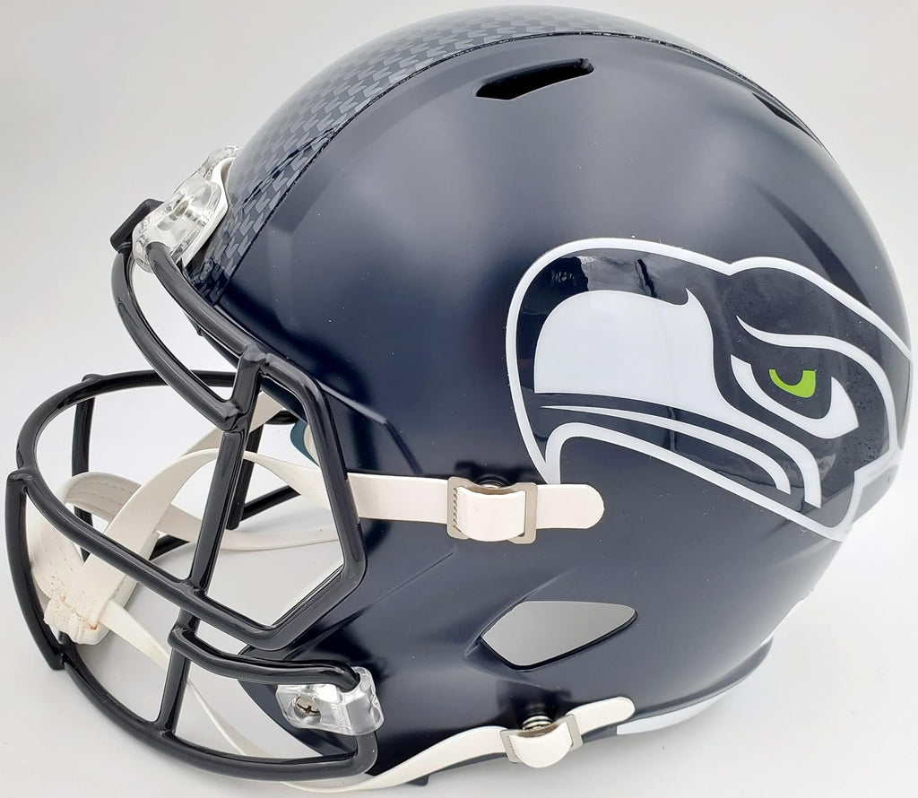Russell Wilson Autographed Seattle Seahawks Full Size Replica Speed Helmet 'SB XLVIII Champs' In Silver RW Holo Stock #94268 - Autographed NFL Helmets