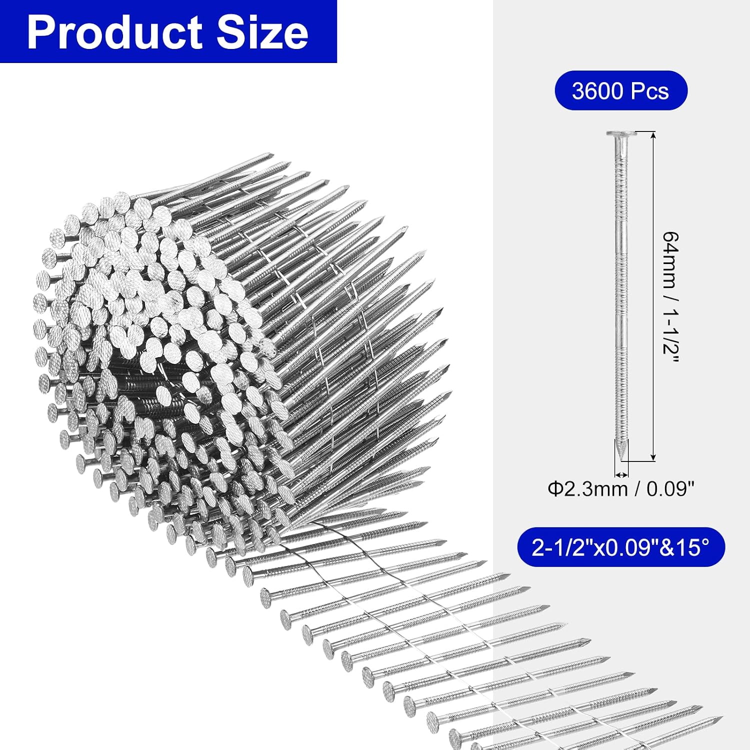 uxcell 3600 Count Siding Nails 2-1/2'x0.09' 15-Degree 304 Stainless Steel Ring Shank Full Round Head Collated Wire Coil for Lath and Sheathing Materials