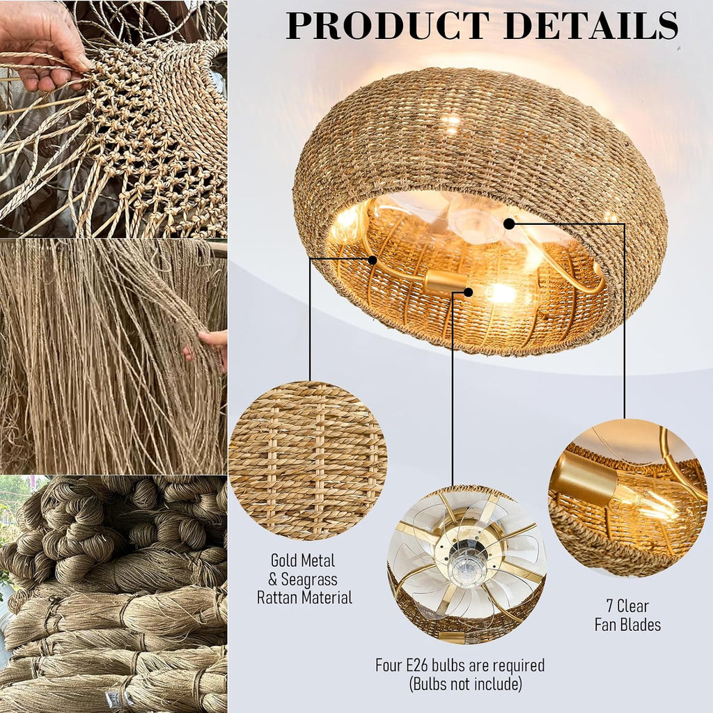Rattan Ceiling Fan with Lights 19.7IN Boho Handwoven Caged Fandelier with Light Farmhouse Handwoven Ceiling Fan Chandelier Fixture for Dining/Living Room Bedroom Entry Kitchen Restaurant Office