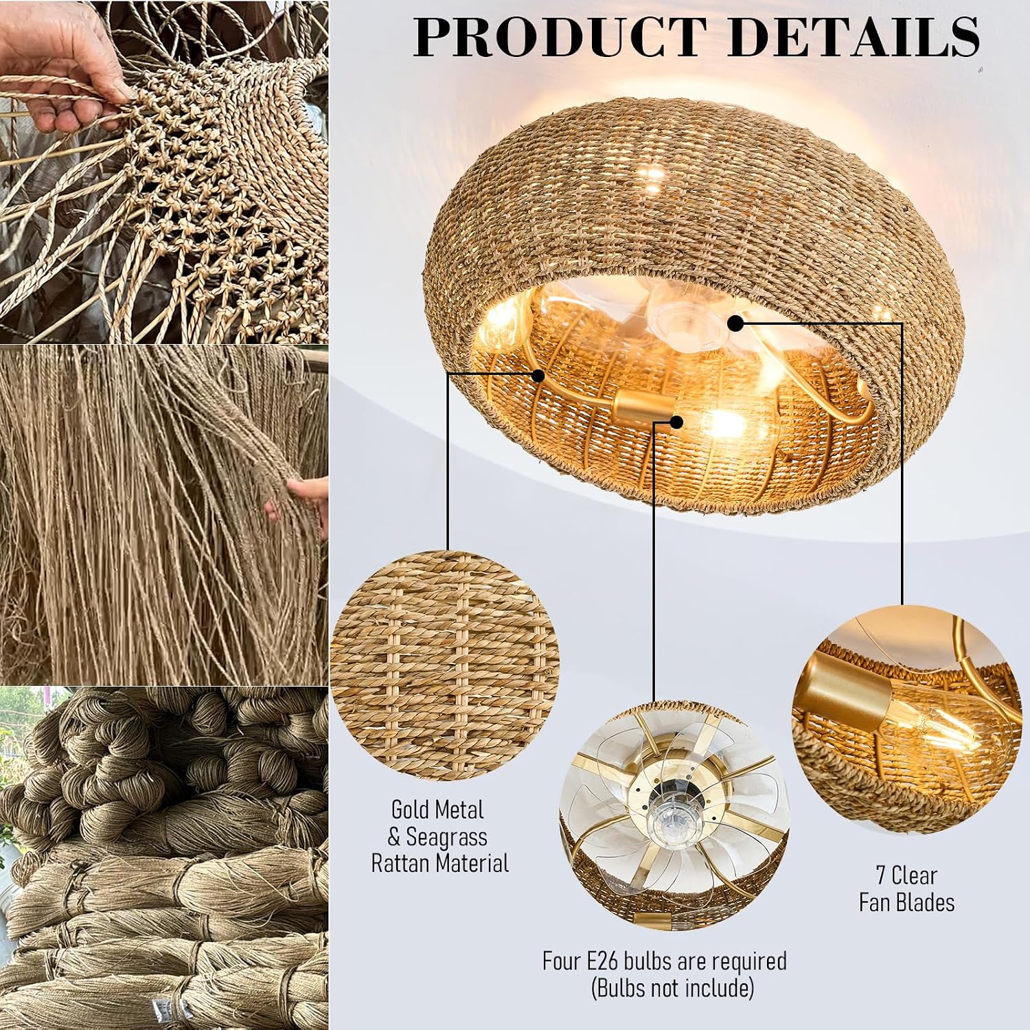 Rattan Ceiling Fan with Lights 19.7IN Boho Handwoven Caged Fandelier with Light Farmhouse Handwoven Ceiling Fan Chandelier Fixture for Dining/Living Room Bedroom Entry Kitchen Restaurant Office