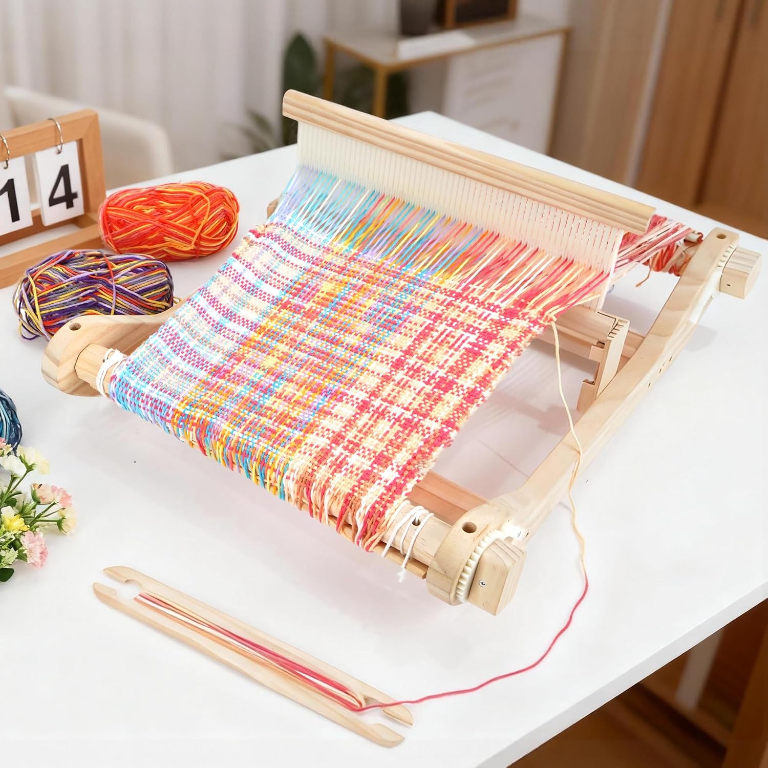 PURCOULEUR 16 Inches Rigid Heddle Loom, Wooden Weaving Loom for Adults, Multi-Craft Frame Loom for Beginners, Threads Warping Frame with Pegs and Yarn Stand, Weaving Loom Kit with Heddle Shed Stick