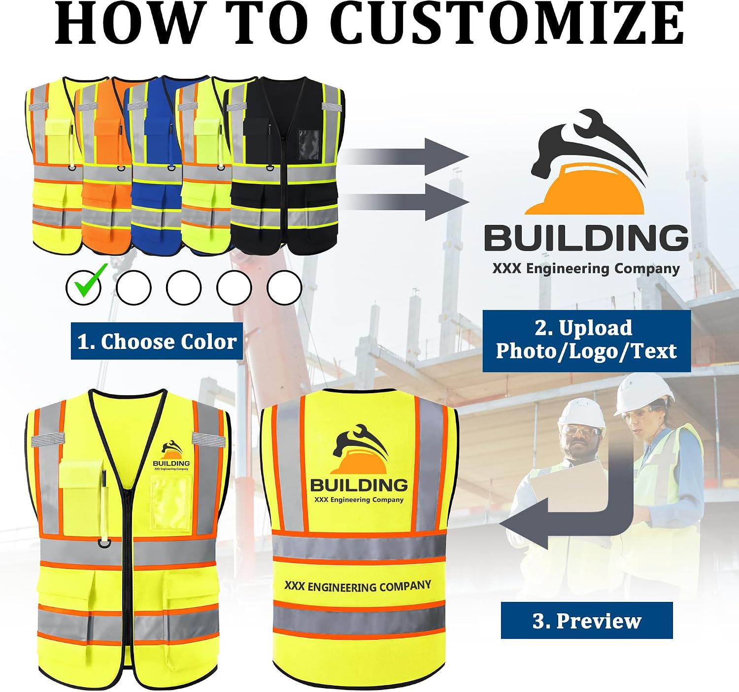 Custom Safety Vest with Logo, High Visibility Reflective Personalized Vest with Pockets and Zipper for Men Women Work
