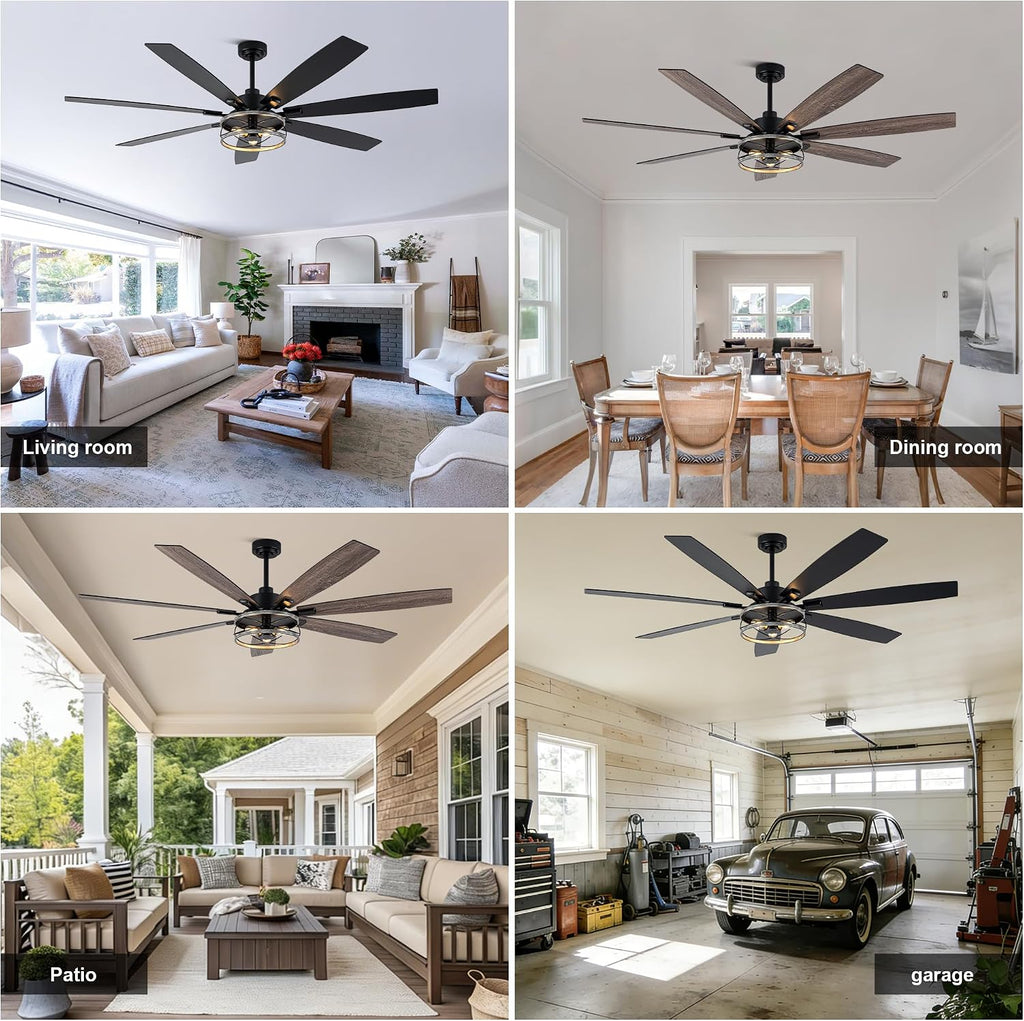 72 Inch Farmhouse Ceiling Fan with Lights Large Rustic Ceiling Fan Wood Caged Fandelier Chandelier Light for Indoor Outdoor, 7 Dual Blades 3 E26 Bulbs, Reversible Quiet DC Motor 6 Speeds