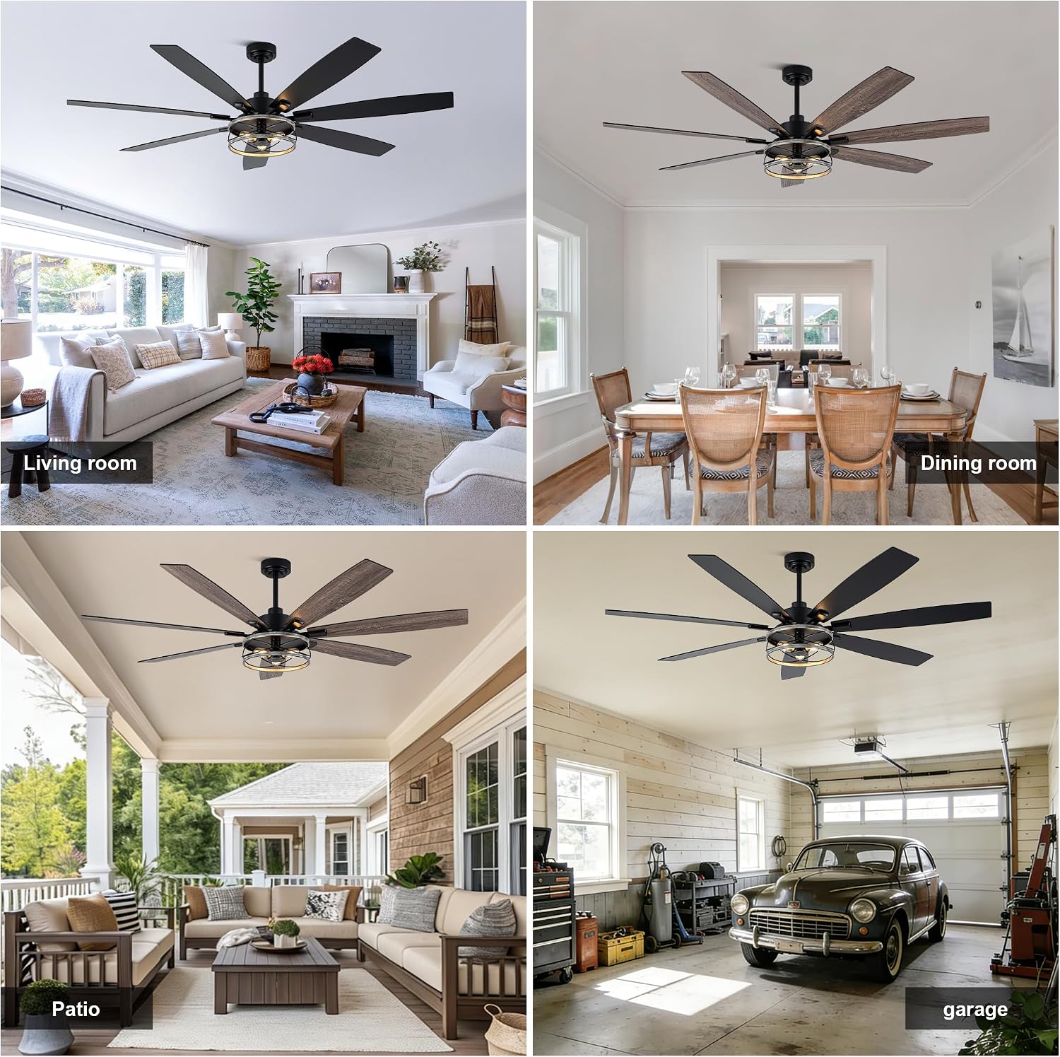 72 Inch Farmhouse Ceiling Fan with Lights Large Rustic Ceiling Fan Wood Caged Fandelier Chandelier Light for Indoor Outdoor, 7 Dual Blades 3 E26 Bulbs, Reversible Quiet DC Motor 6 Speeds