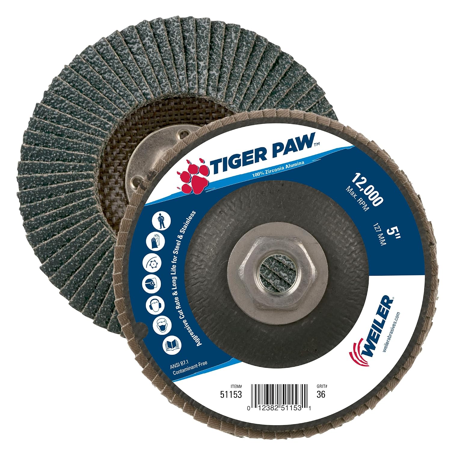 Weiler 51153 5' Tiger Paw Abrasive Flap Disc, Conical (Ty29), Phenolic Backing, 36Z, 5/8'-11 UNC Nut (Pack of 10)