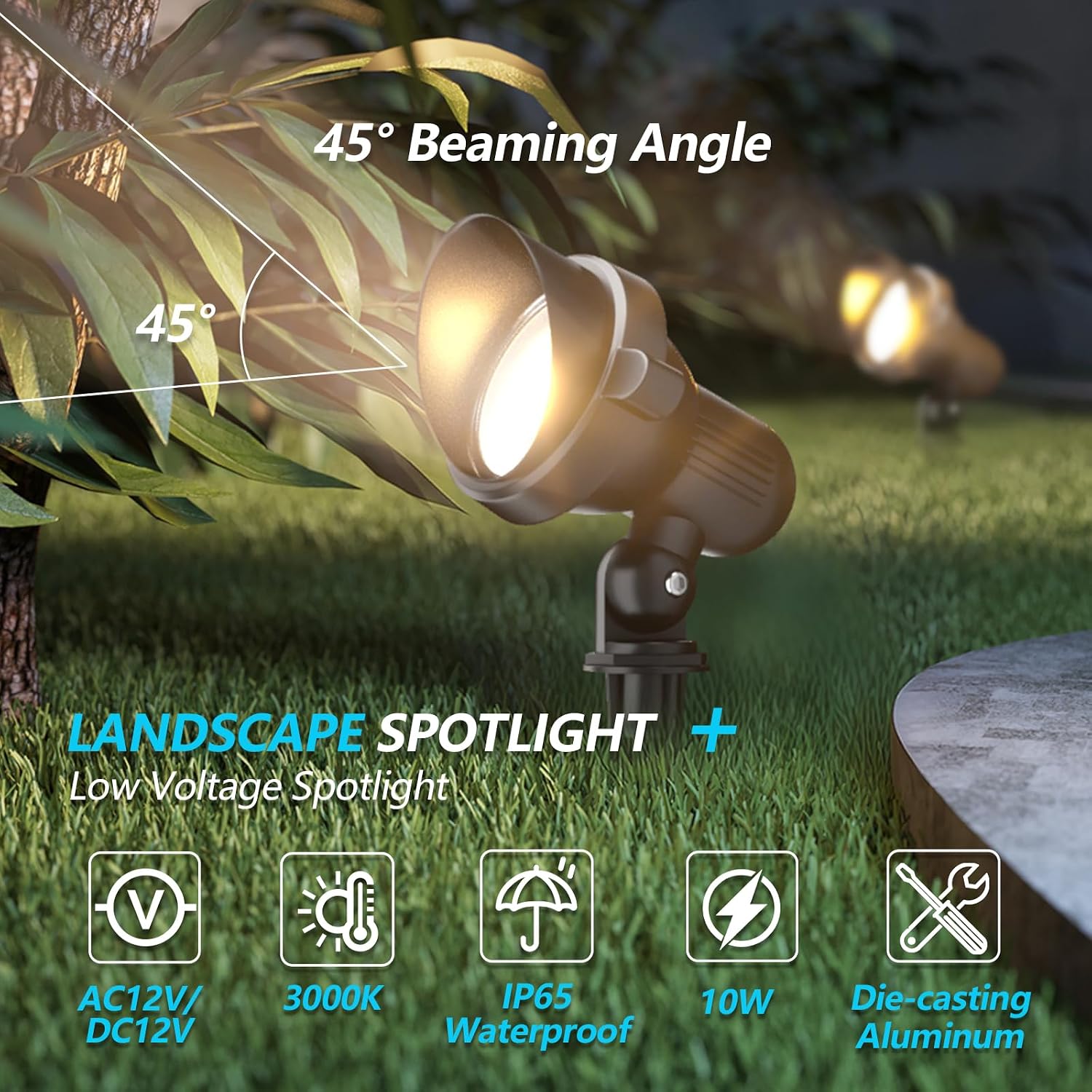 LED Landscape spotlights Yard: 10W MR16 Low Voltage Landscape Lights 12-24V 3000K Warm White - Outdoor Garden Driveway wall Lighting for Contractors - 12 Pack