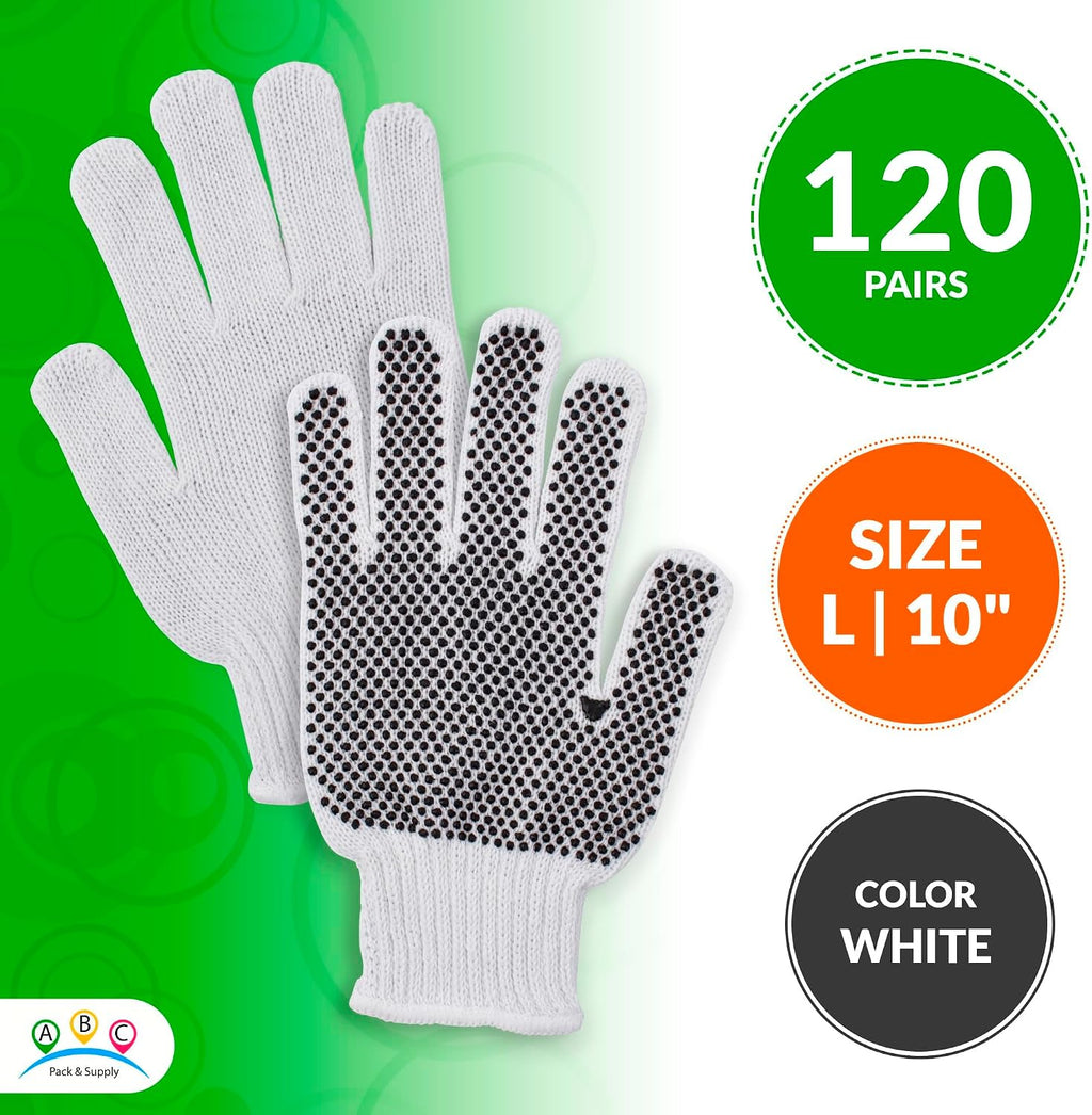 ABC PACK & SUPPLY Work Gloves Bulk, White Polyester Cotton Glove with Black PVC Palm Dots, String Knit Gloves