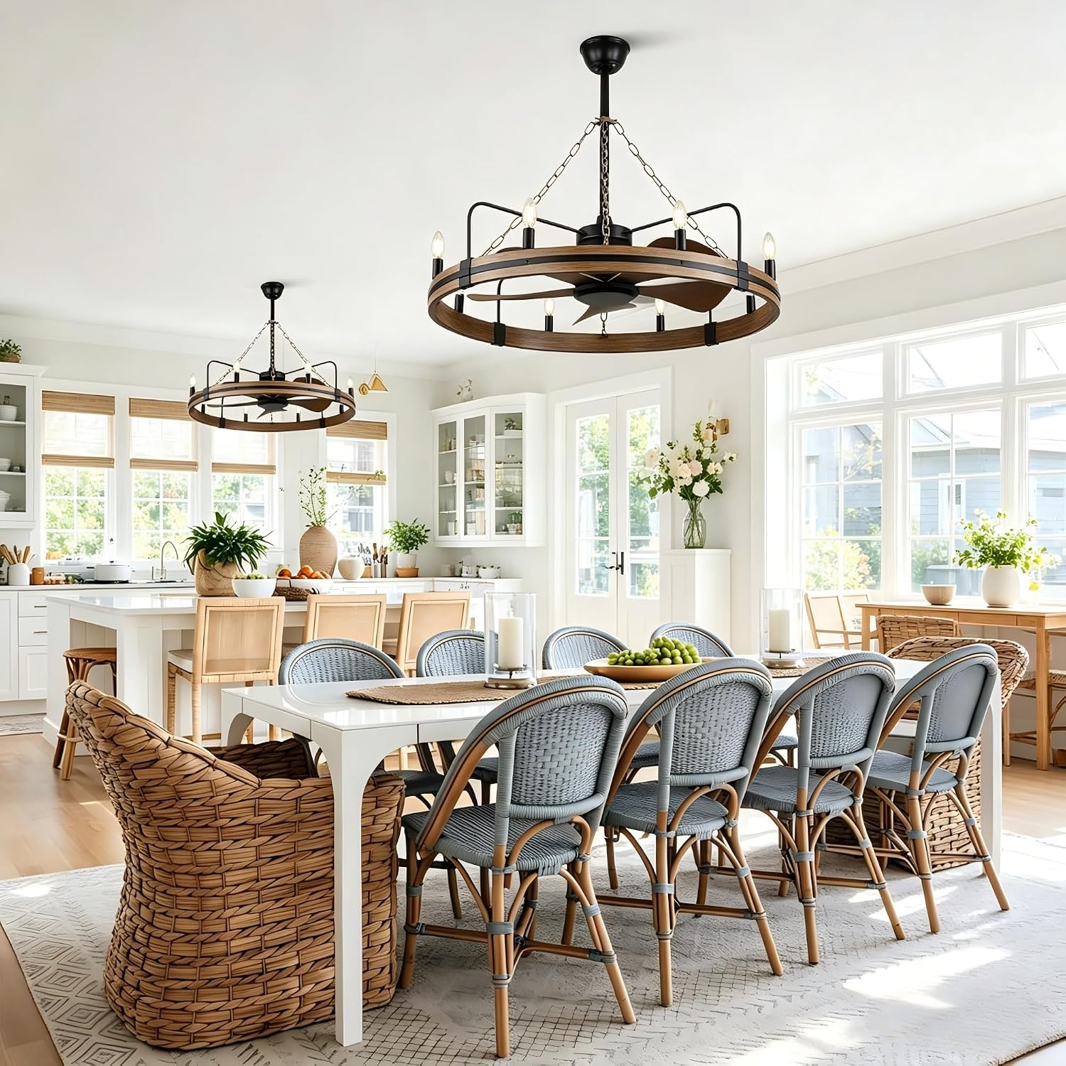 36' Wagon Wheel Chandelier Ceiling Fan with Lights and Remote, Rustic Caged Ceiling Fan 8 Lights Farmhouse Fandelier for Dining Room Bedroom Living Room, Reversible DC Motor 6 Speeds