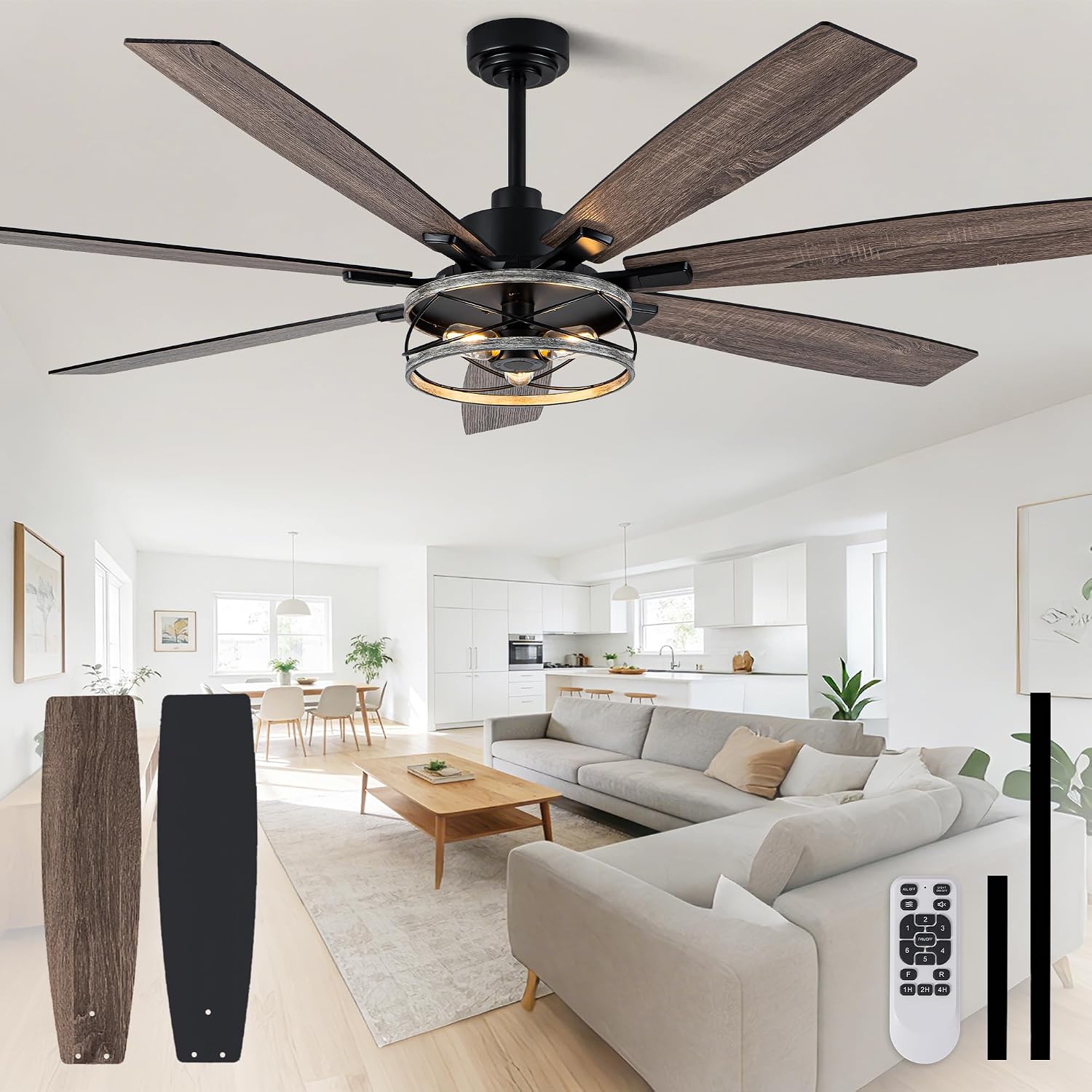 Bella Depot 72 Inch Farmhouse Ceiling Fan Modern Black Chandelier Fan with Remote Control 6-Speed Reversible Timing Option - Ideal for Large Living Room, Garage, and Covered Patio