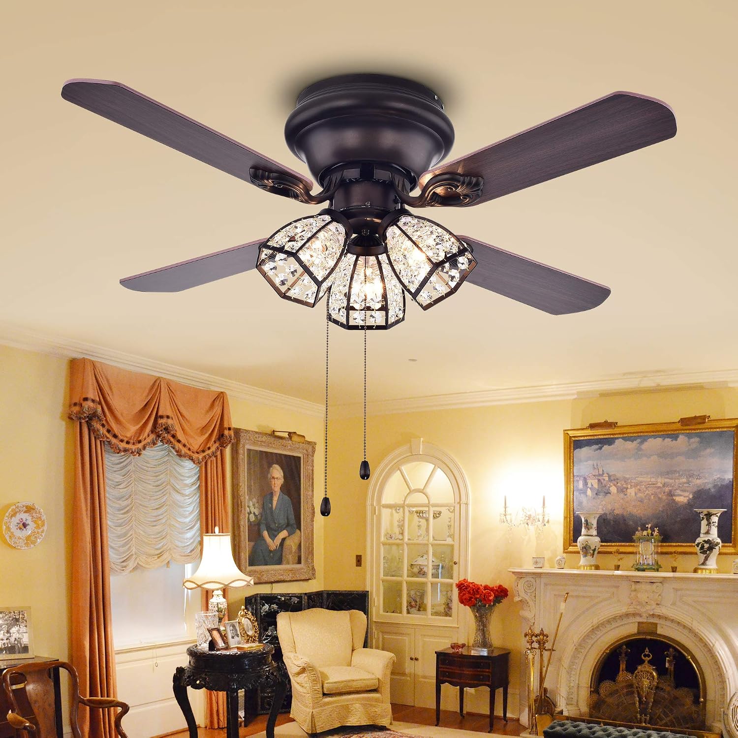 Warehouse of Tiffany CFL-8173AB Tarudor Dark Wood Antique Bronze Crystal Fan, 42'W x 42'L x 13'H