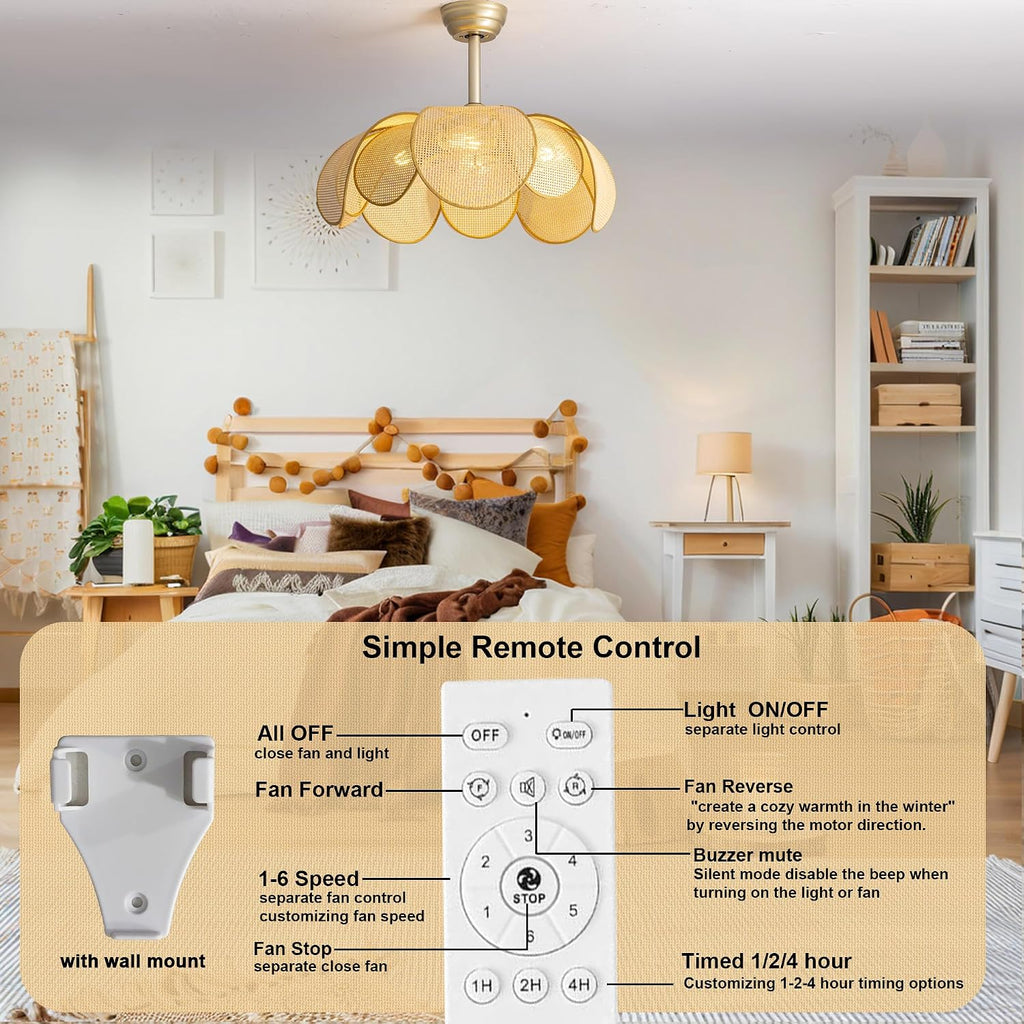 Ceiling Fans with Lights, Fandelier Chandelier Ceiling Fan and Remote,Boho,Flush Mount,Low Profile,for Bedroom,Living Room,Gold