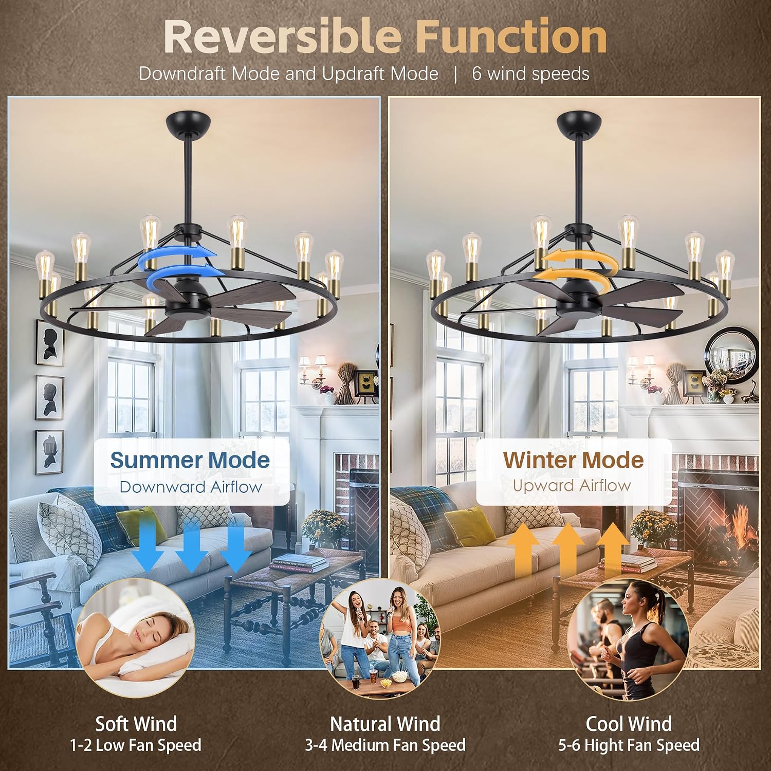 44'' Ceiling Fan with Light, Black Gold Wagon Wheel Chandelier, Large Farmhouse Fandelier Light Fixture, Chandelier for Living Room, Dining Room, Adjustable High Ceilings