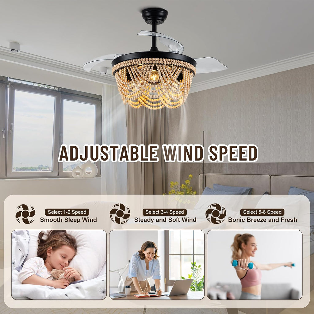42'' RetractableCeiling Fans with Lights and Remote, Farmhouse Ceiling Fans with Wooden Beads, 6 Speeds Reversible Bladeless Ceiling Fan for Bedroom Living Room Kitchen