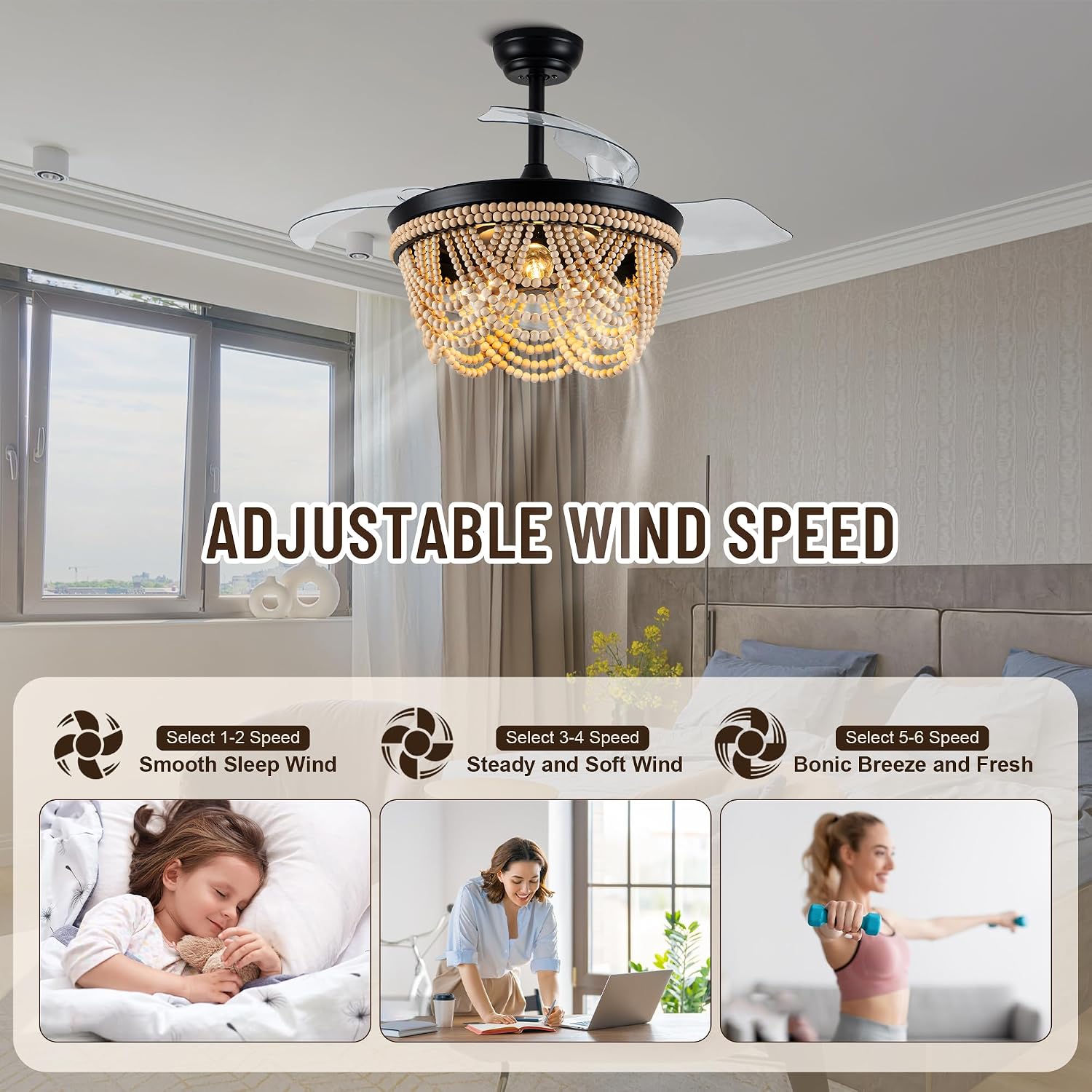 42'' RetractableCeiling Fans with Lights and Remote, Farmhouse Ceiling Fans with Wooden Beads, 6 Speeds Reversible Bladeless Ceiling Fan for Bedroom Living Room Kitchen