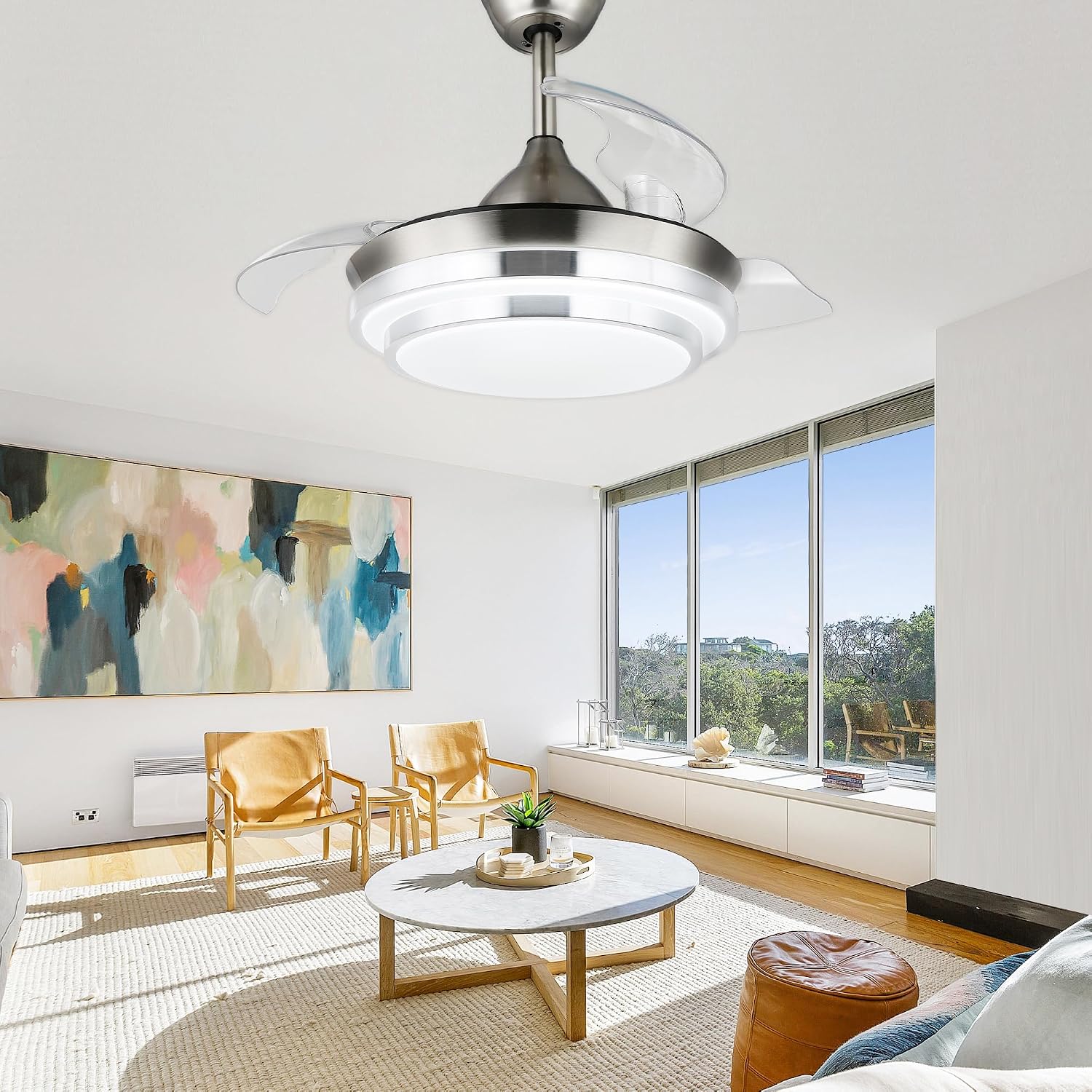 Dawn Whisper 42' Modern Retractable Ceiling Fan with Dimmable LED Light and Remote Control for Living Room Bedroom Restaurant, Silver Brushed Nickel