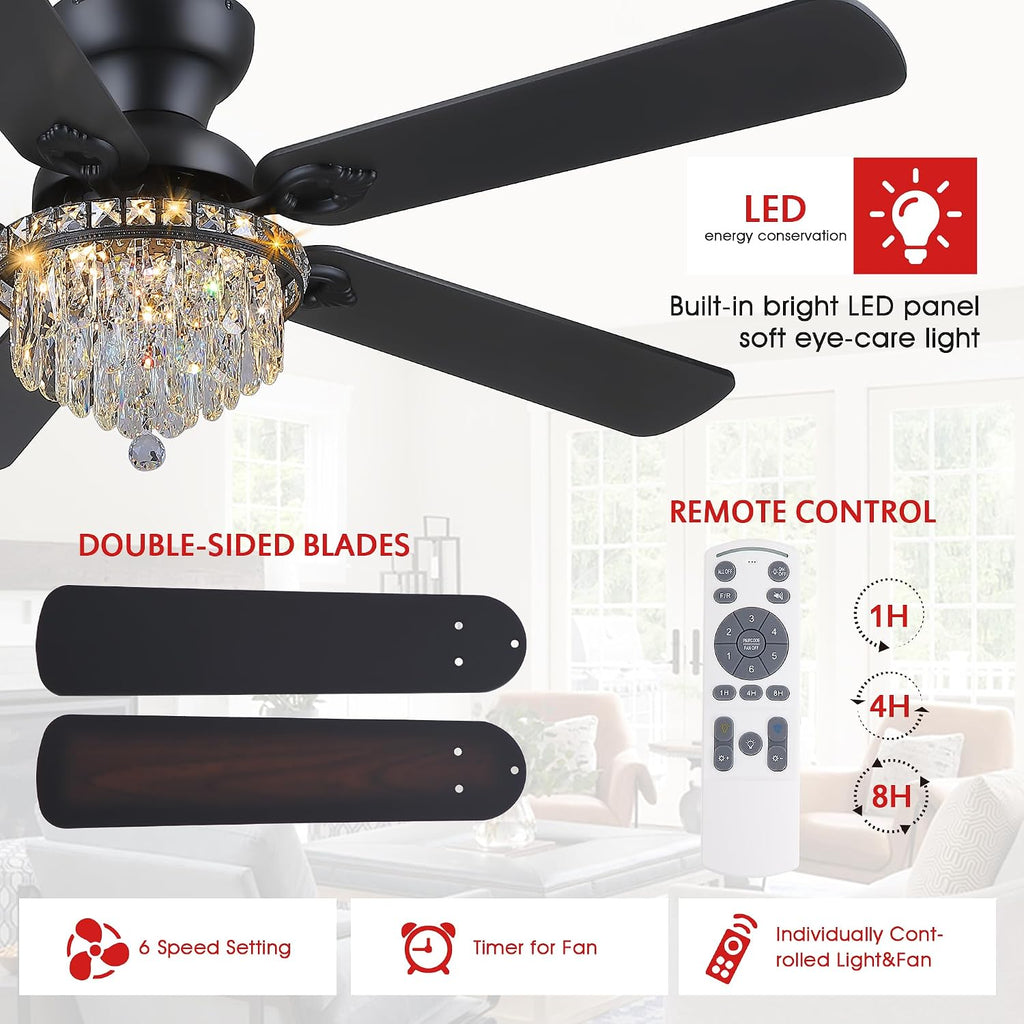GJeg Crystal Ceiling Fan Fandelier with Lights-Ceiling Fans with Remote Control,Modern Ceiling Fan with Noiseless DC Reversible Motor,Dining Room,Living Room(52' Black)