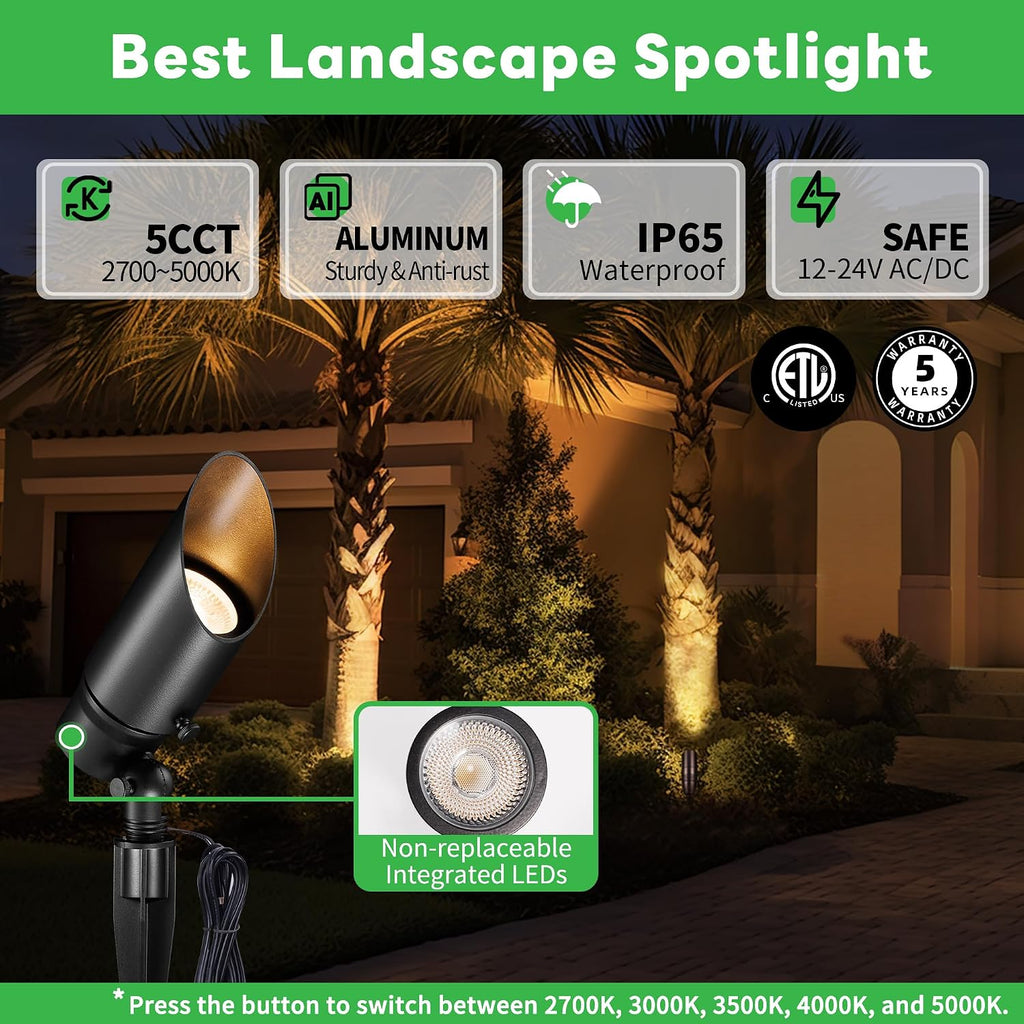 Outdoor Landscape Spotlights - 2700K/3000K/3500K/4000K/5000K Switchable White, Low Voltage Spot Lights LED Hard-Wired, IP65 Waterproof Uplighting, Black Aluminum for Backyard Fence 8 Pack