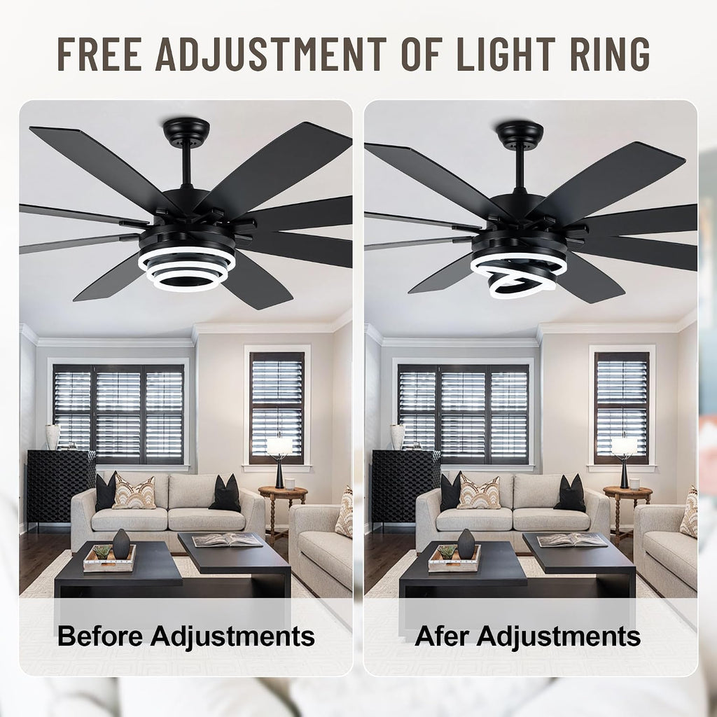Farmhouse Ceiling Fans with Lights,Chandelier Fan with DIY Rings LED,Fandelier Ceiling Fans with Lights for Living Room/Bedroom (Black-MD-DC7205, 72 Inch)