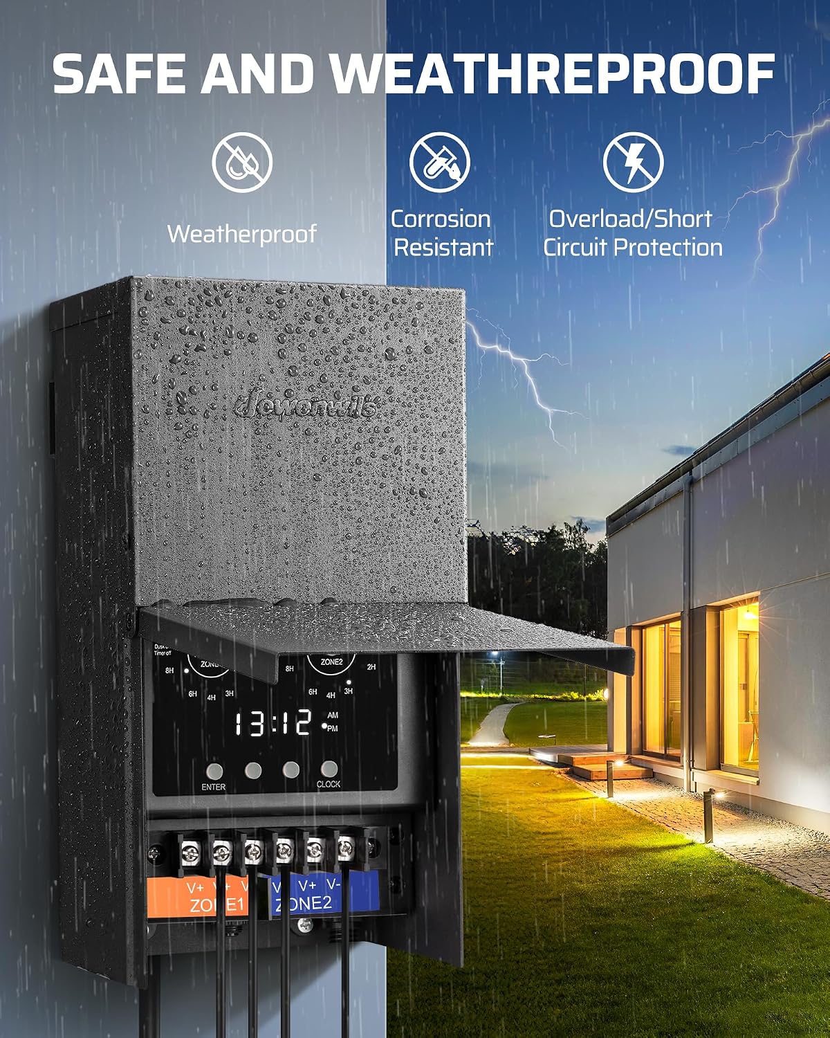 DEWENWILS 300W Low Voltage Landscape Transformer with 2 Zones, 120V AC to 15V DC, Low Voltage Transformer with LED Screen, Photocell Sensor & Timer, Weatherproof Metal Shell for Spotlight Steplight