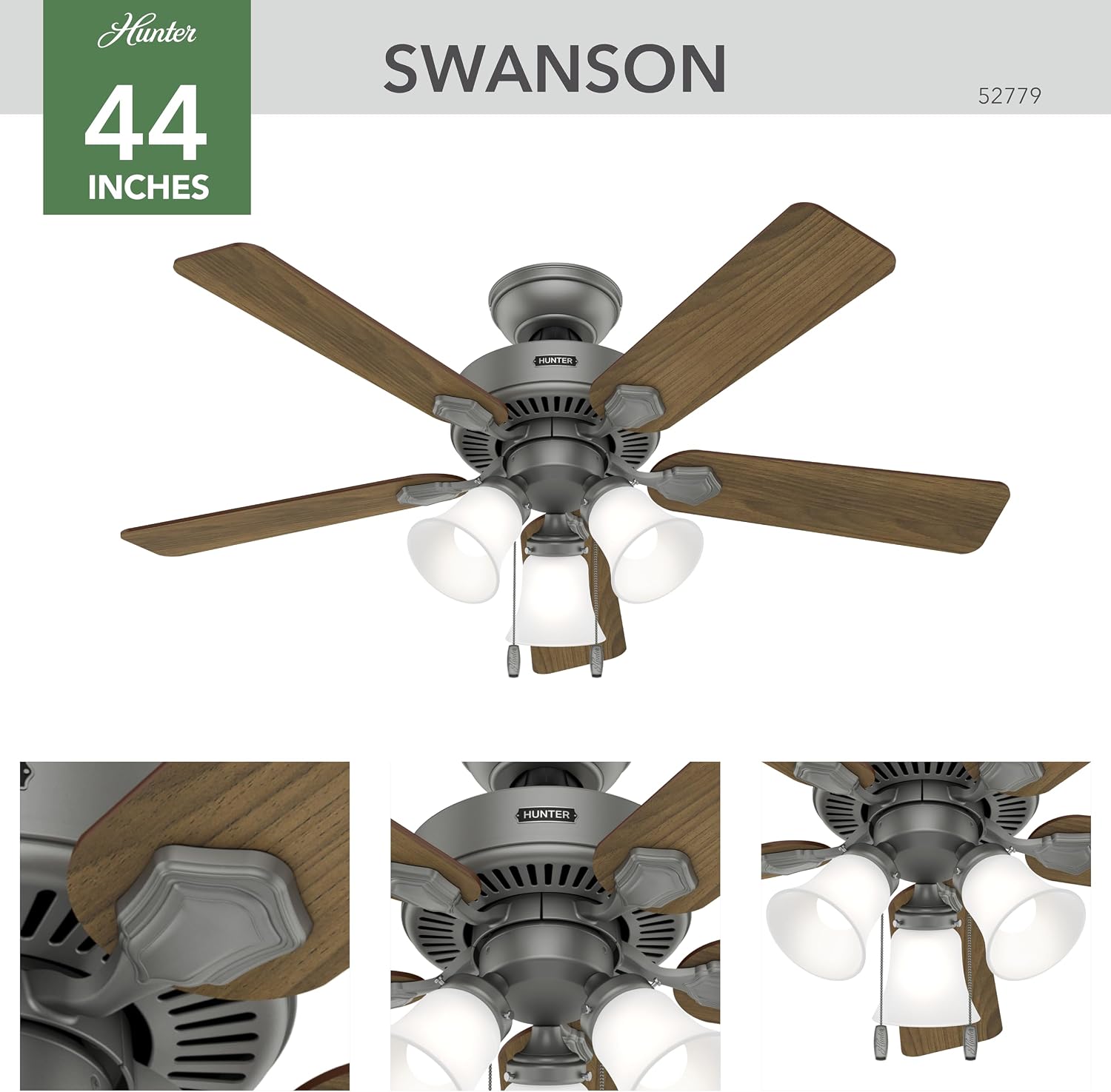 Hunter - Swanson 44-inch Indoor Matte Silver Energy Star Ceiling Fan with LED Light Kit, 4-speed DC Motor, 52779