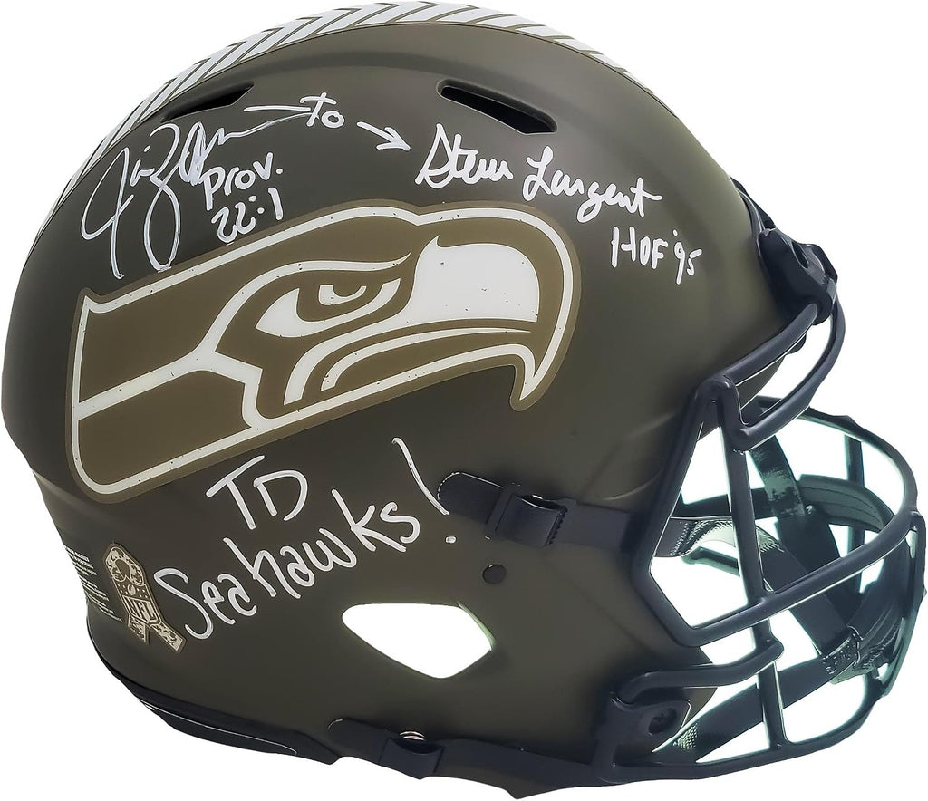 Steve Largent & Jim Zorn Autographed Seattle Seahawks Camo Salute To Service Full Size Authentic Speed Helmet 'TD Seahawks!' MCS Holo Stock #210442 - Autographed NFL Helmets