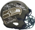 Steve Largent & Jim Zorn Autographed Seattle Seahawks Camo Salute To Service Full Size Authentic Speed Helmet 'TD Seahawks!' MCS Holo Stock #210442 - Autographed NFL Helmets