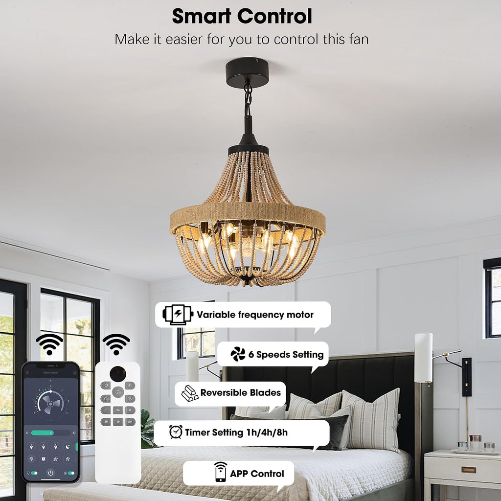 20 inch Boho Beaded Chandelier with Ceiling Fan, Remote & App Control, Reversible DC Motor, Black Farmhouse Rattan Fandelier for Dining Room, Bedroom, Kitchen