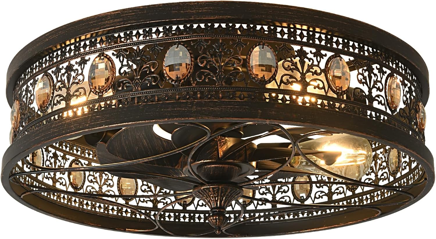 Fandelier Ceiling Fan with Light,Low Profile Small Black Ceiling Fan, Caged Flush Mount Enclosed Design for Bedroom Kitchen Farmhouse Rustic Vintage Style