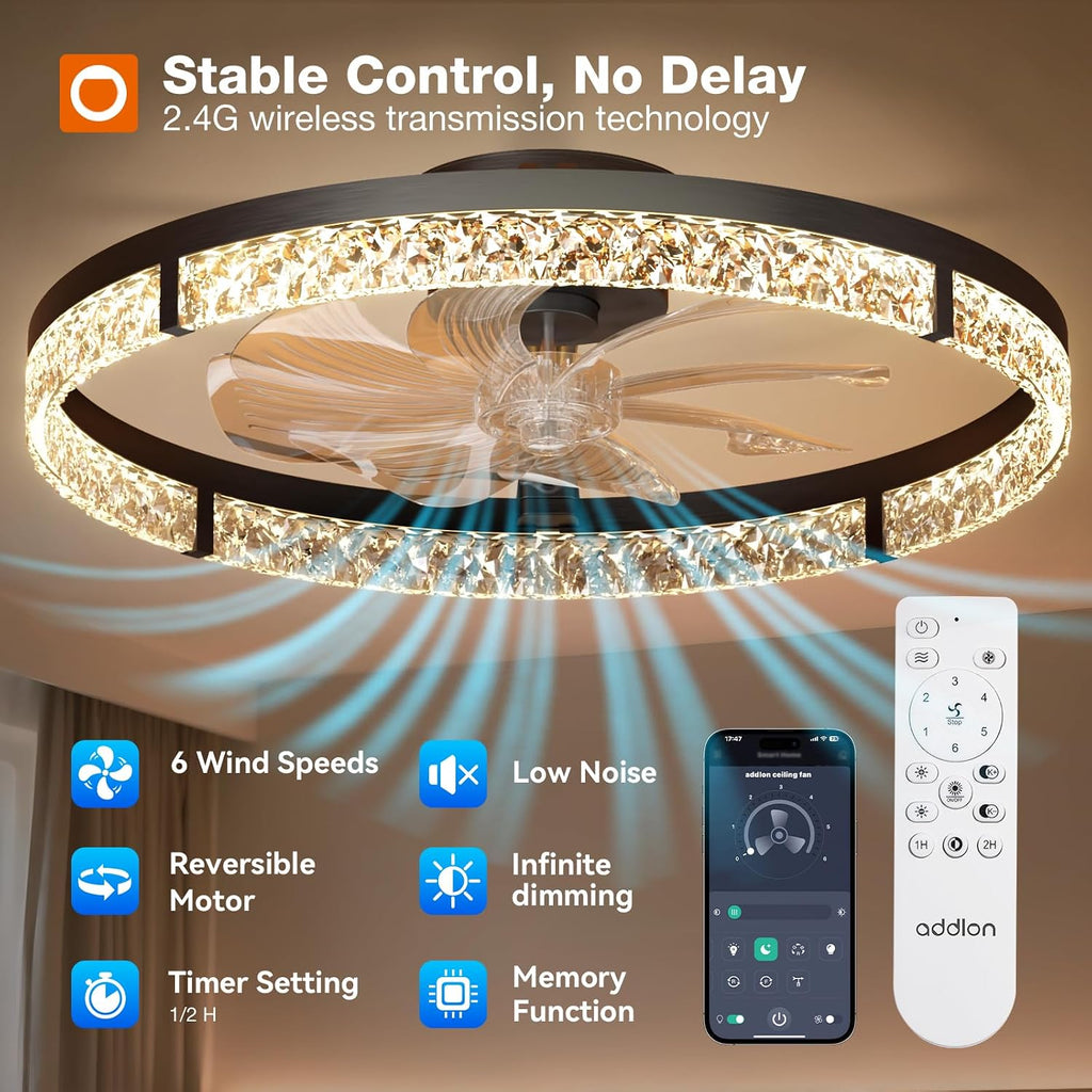 addlon 24'' Frosted Ceiling Fan with Light and 24'' Crystal Fandelier Bundle