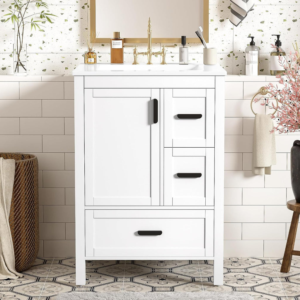 24' Bathroom Vanity with Sink, Harper & Bright Designs Free Standing Single Vanity Set with 3 Drawers and One Door with Storage Racks, Solid Wood Storage Cabinet with Ceramic Basin for Bathroom, White